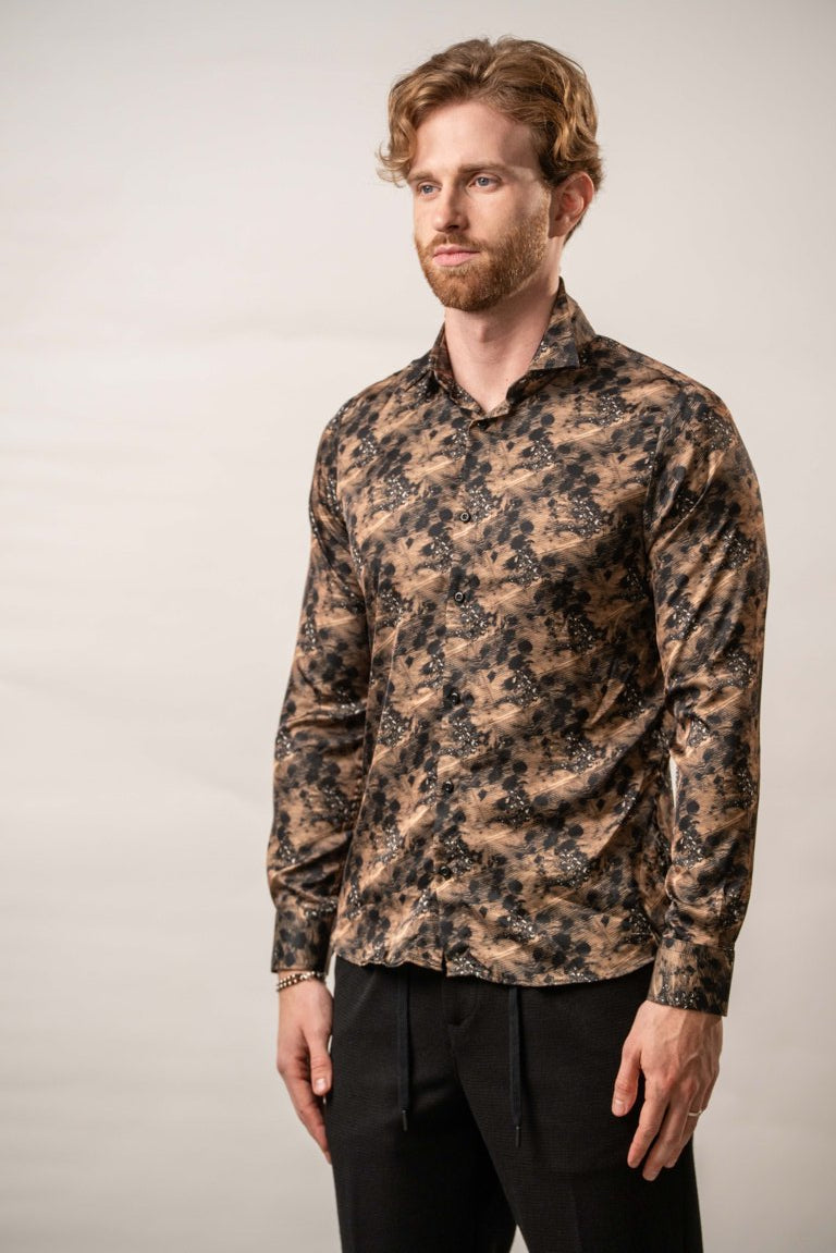 Camicia fantasia astratta beige - Karl Mommoo