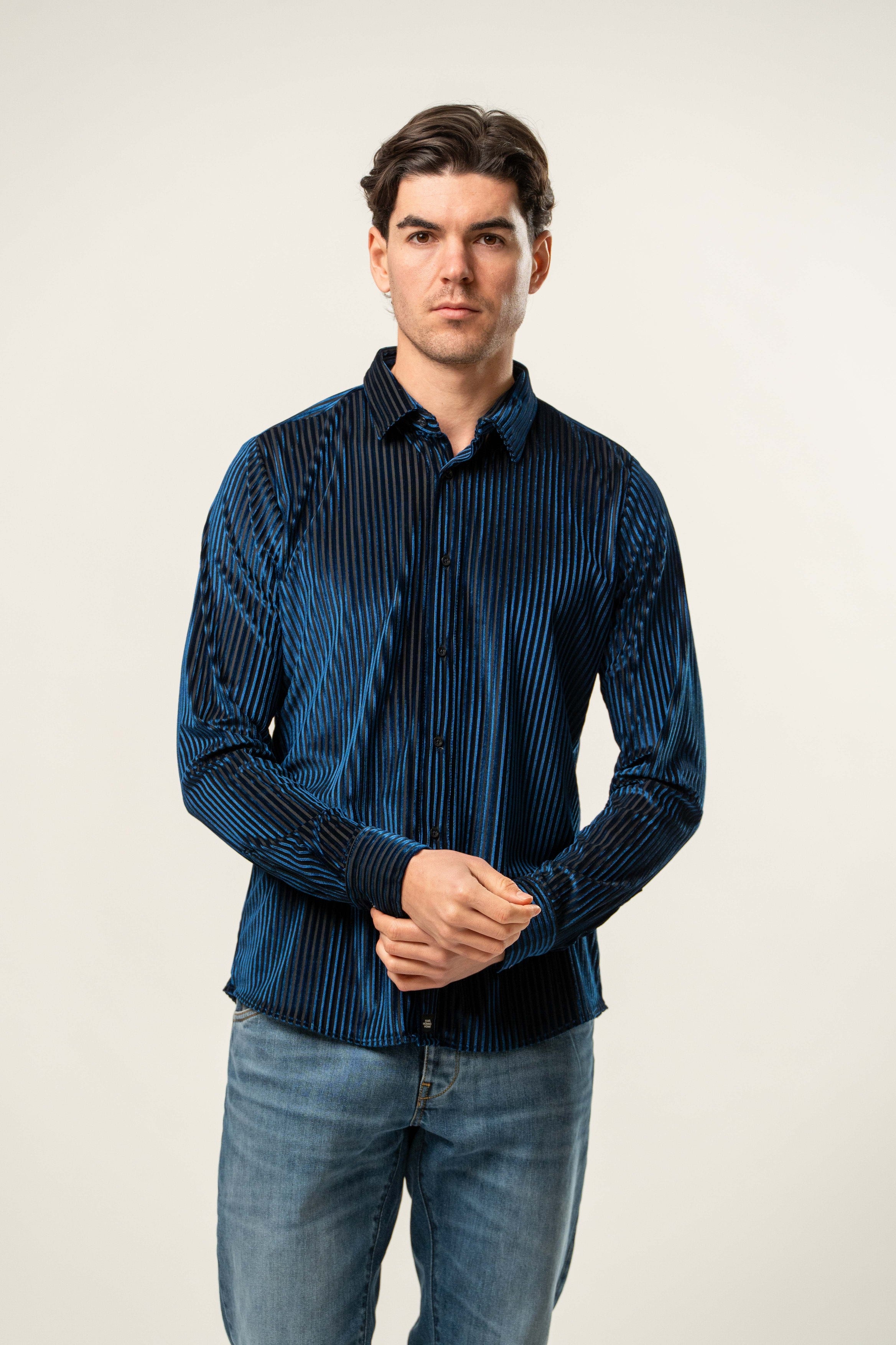 Camicia uomo in velluto a righe blu