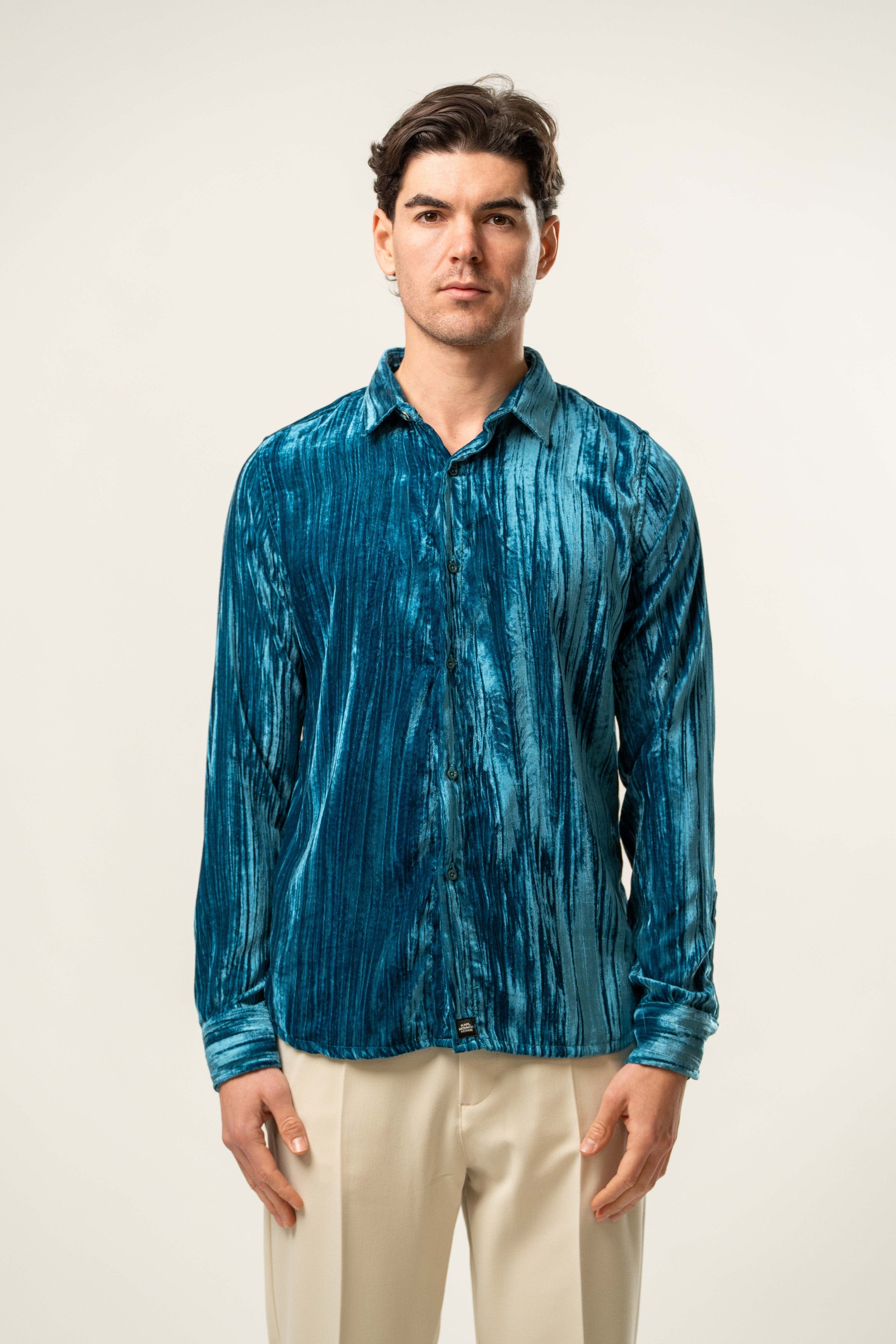 Camicia uomo in velluto azzurro petrolio