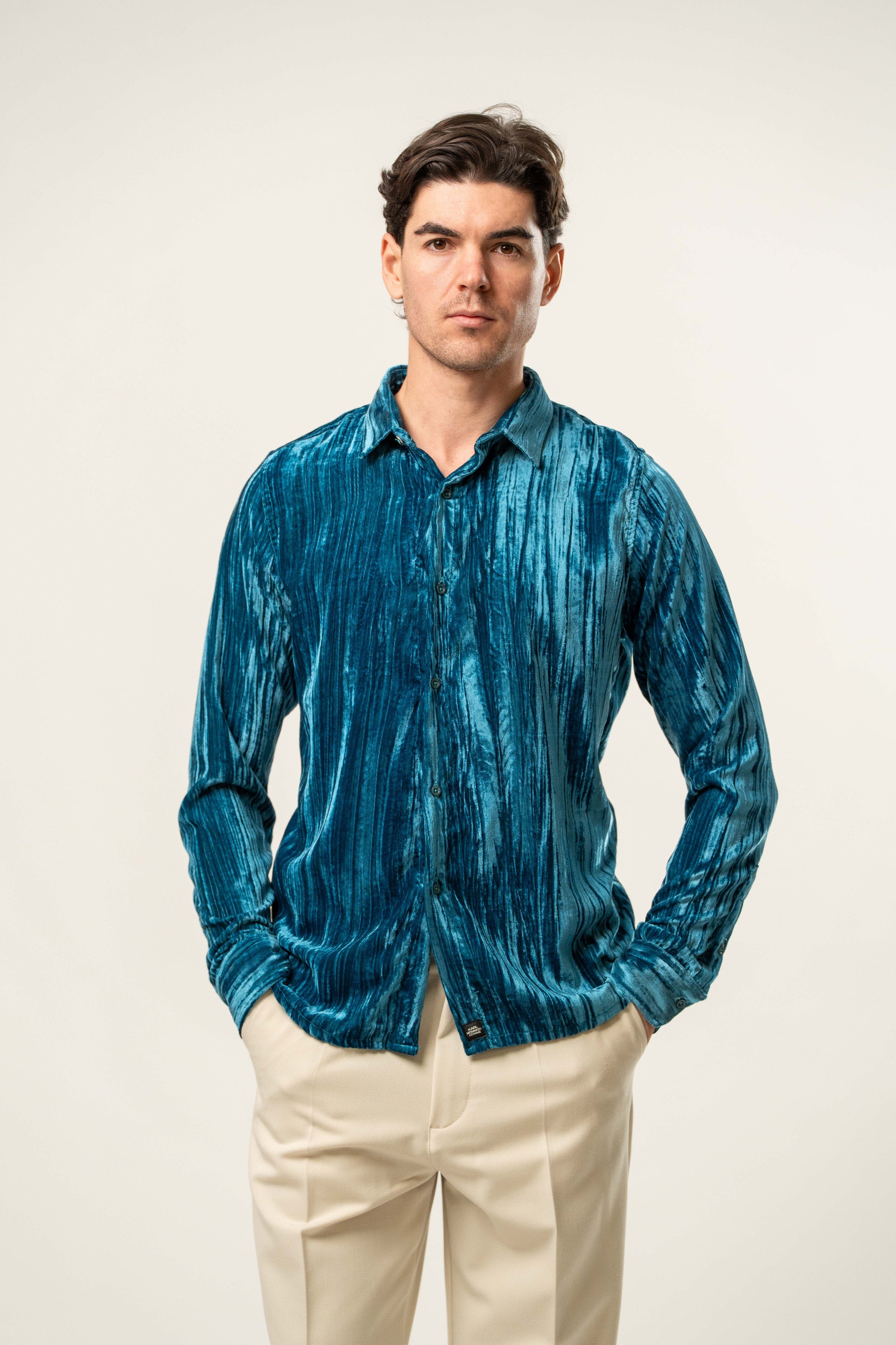 Camicia uomo in velluto azzurro petrolio
