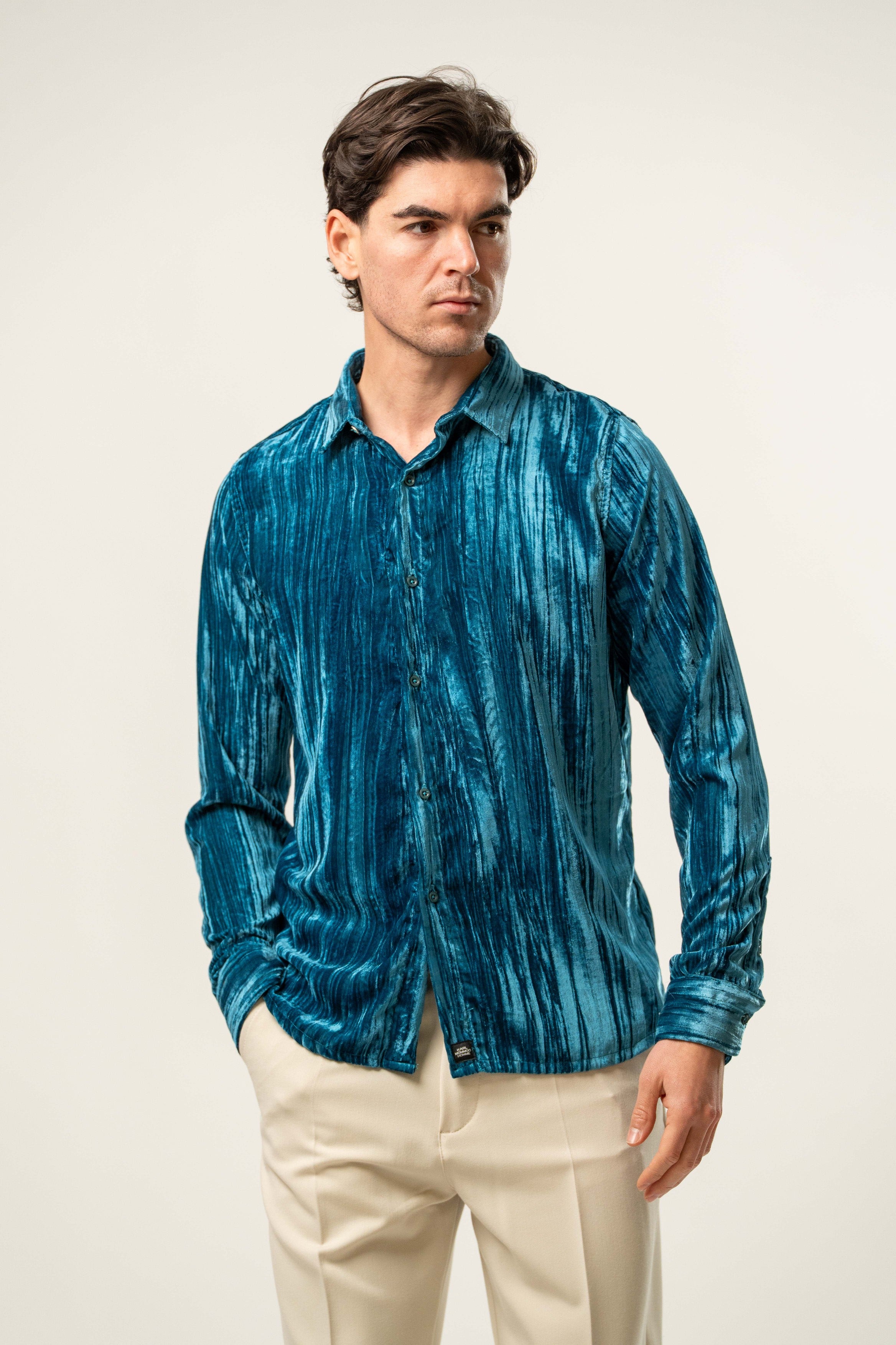 Camicia uomo in velluto azzurro petrolio
