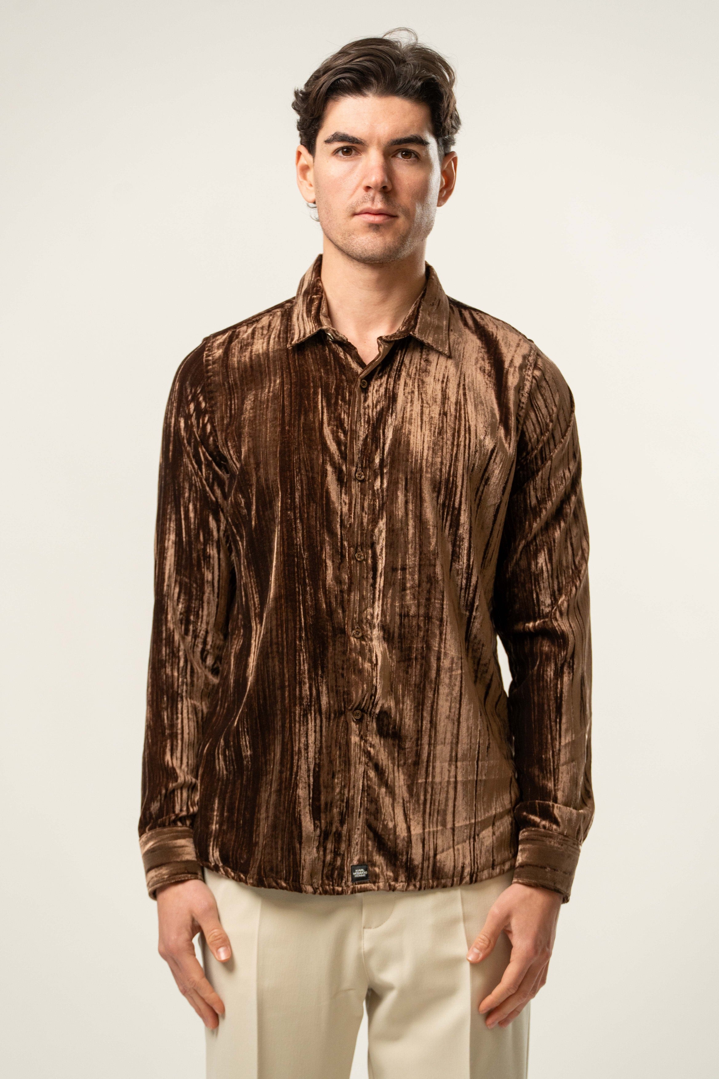 Camicia uomo in velluto marrone