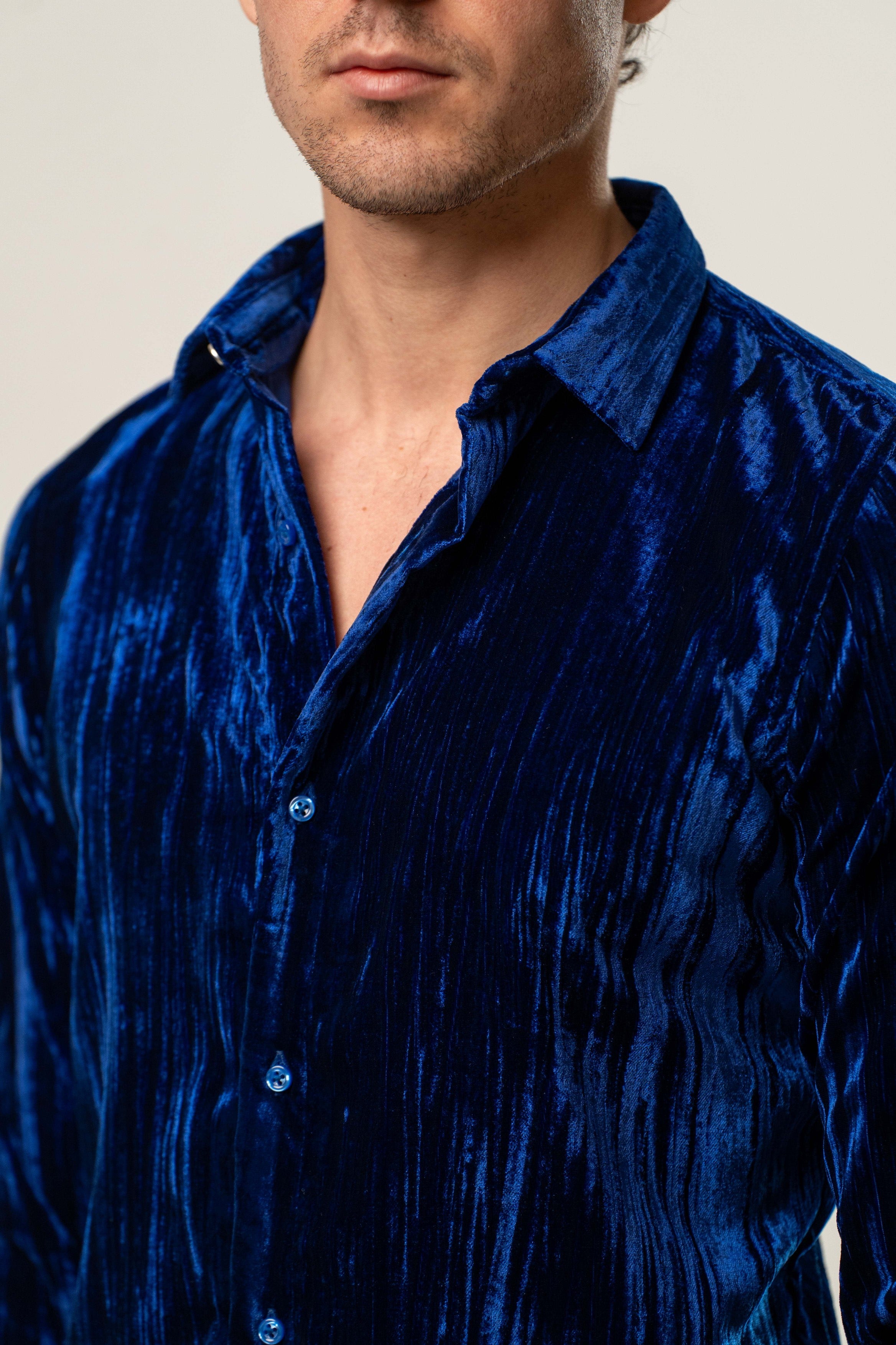 Camicia uomo in velluto blu
