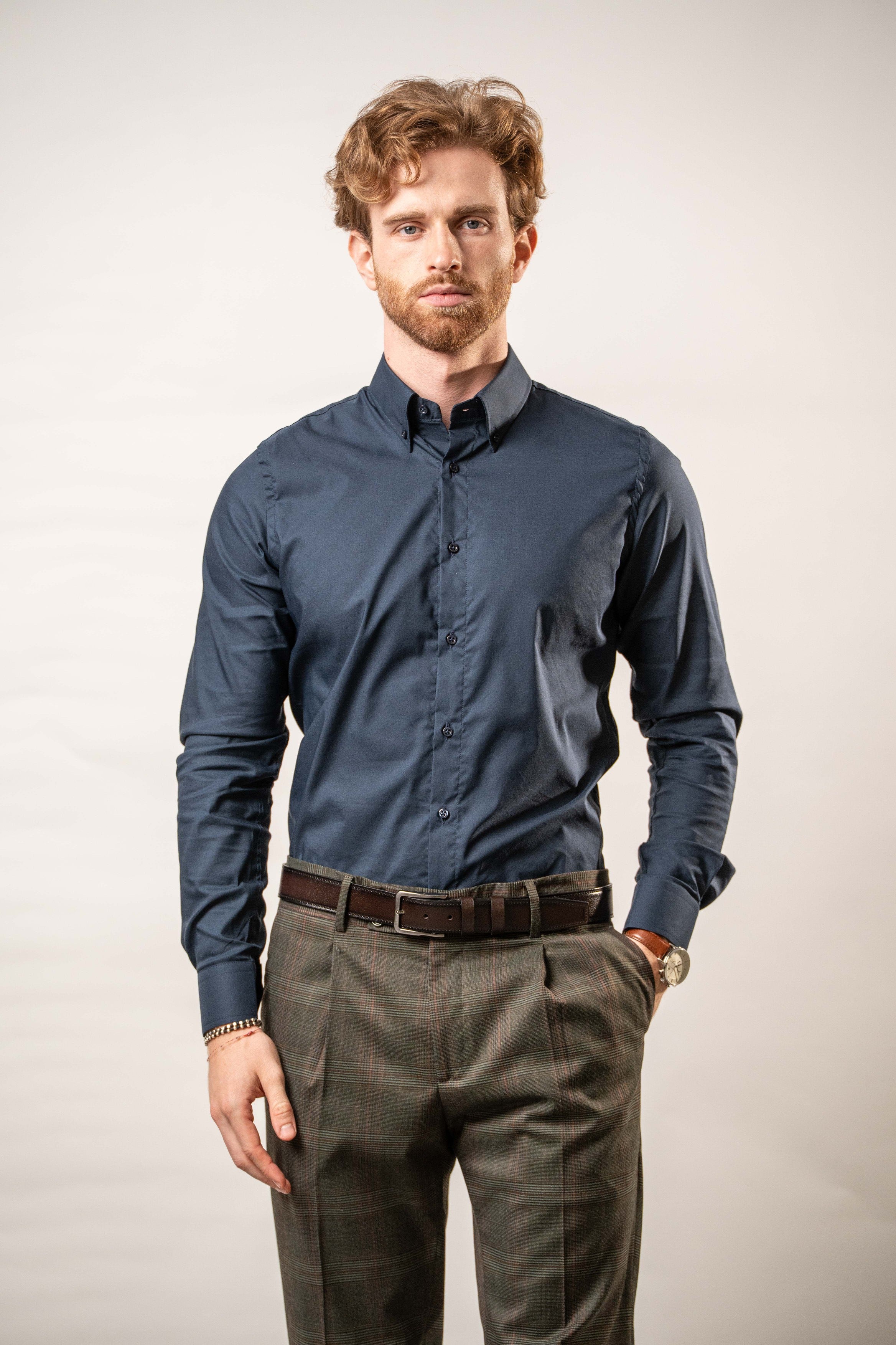 Camicia blu botton-down in cotone stretch – Karl Mommoo