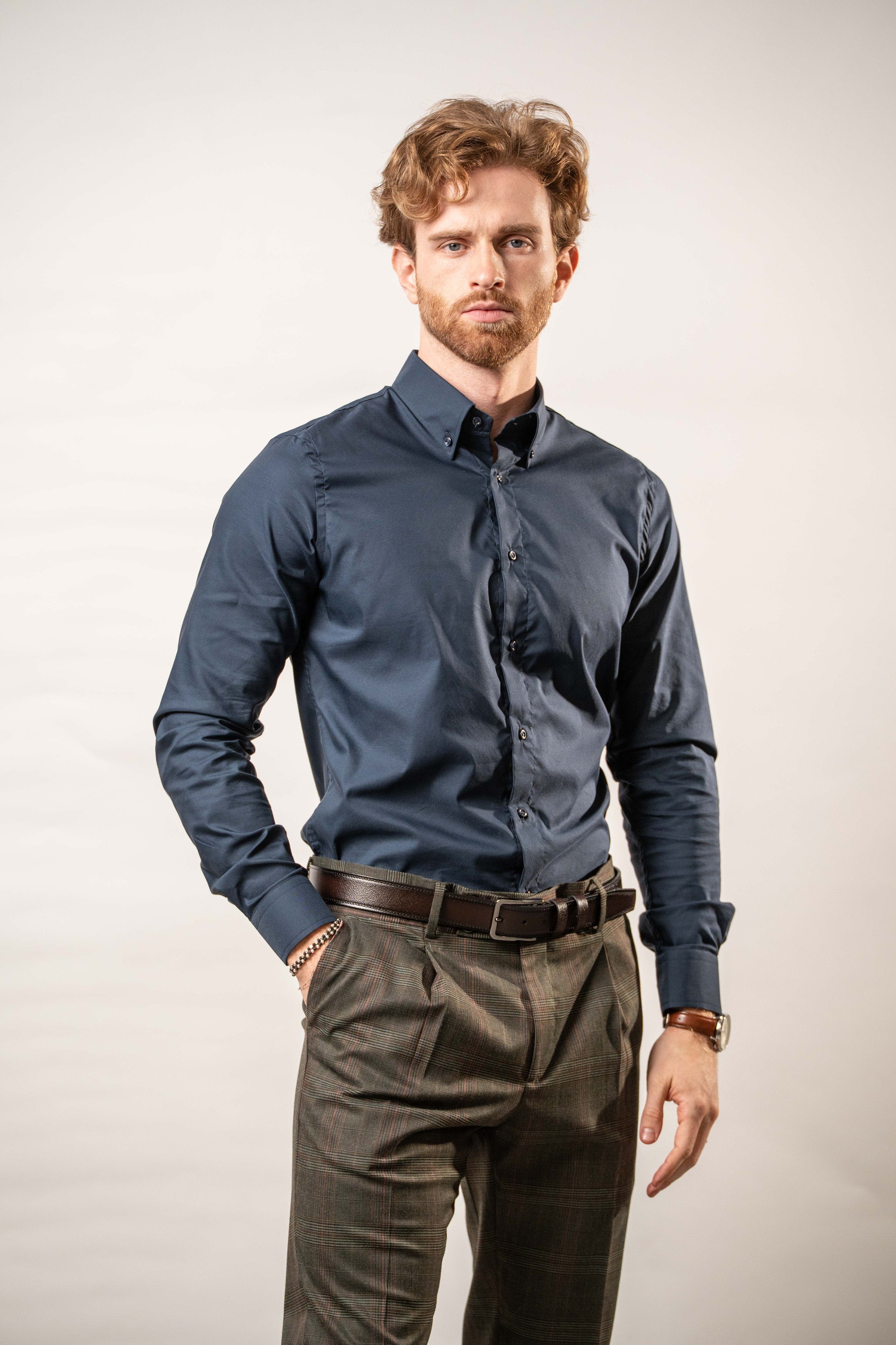 Camicia blu botton-down in cotone stretch – Karl Mommoo