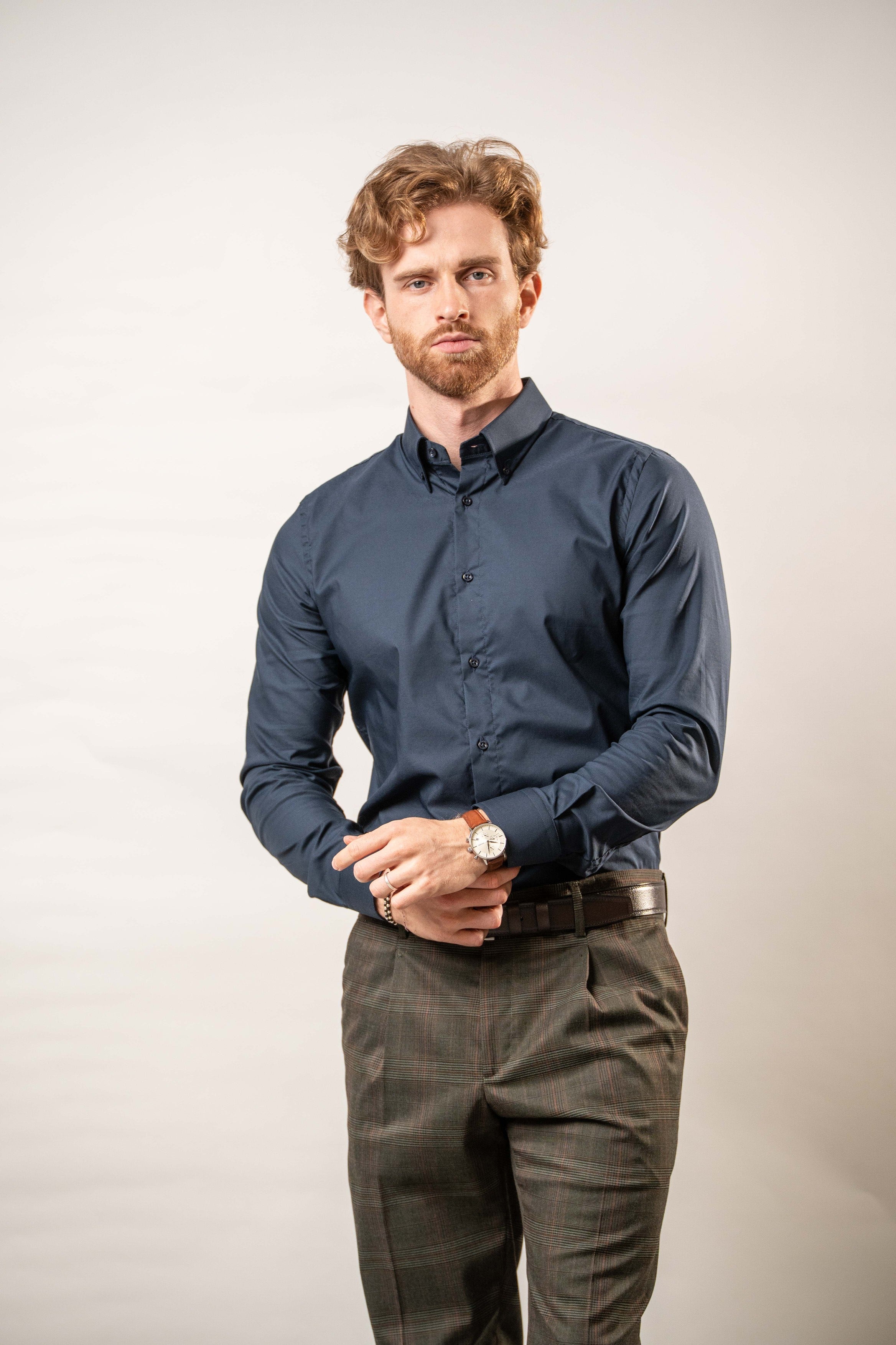 Camicia blu botton-down in cotone stretch – Karl Mommoo