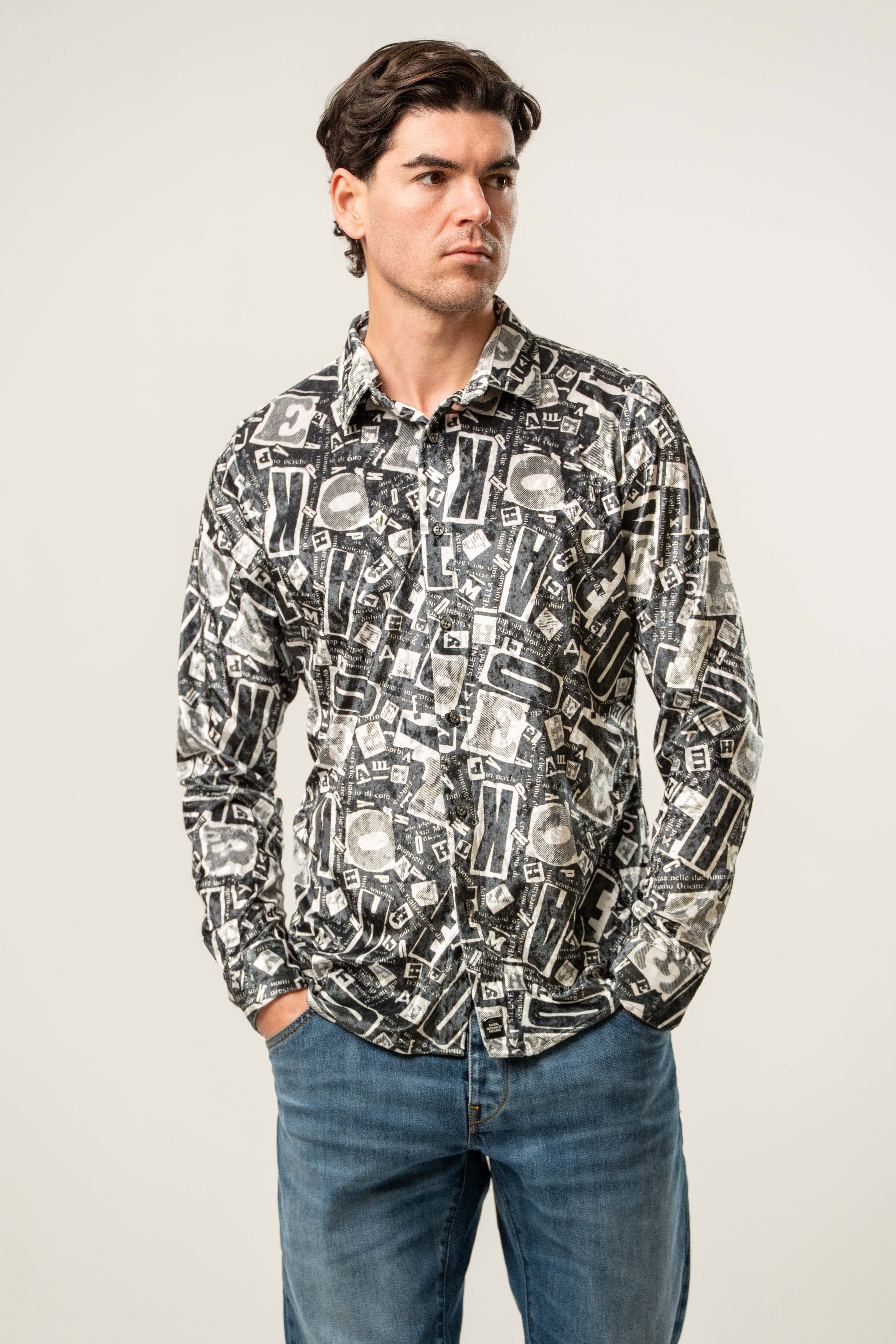 Camicia uomo fantasia grafica monocromo