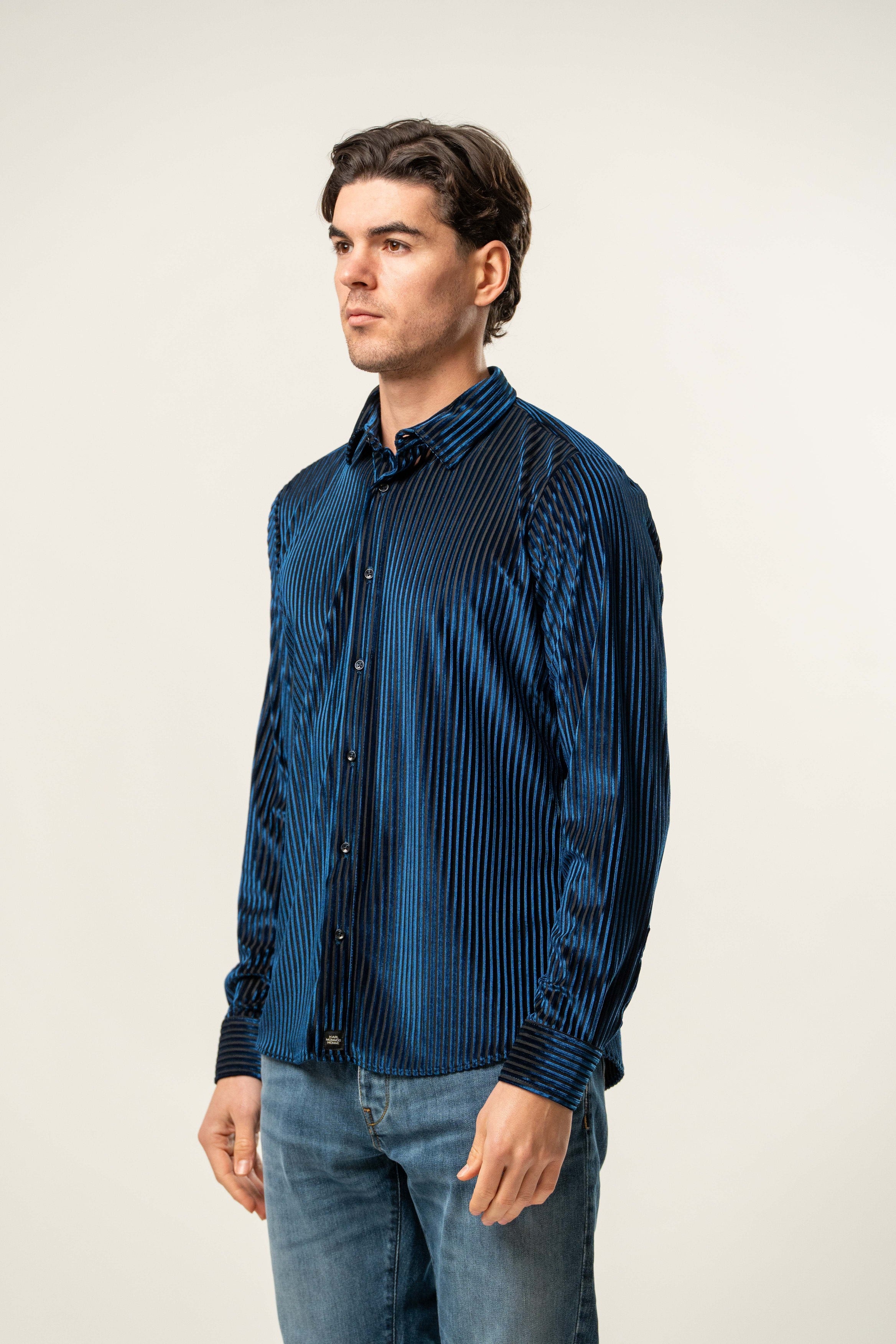 Camicia uomo in velluto a righe blu