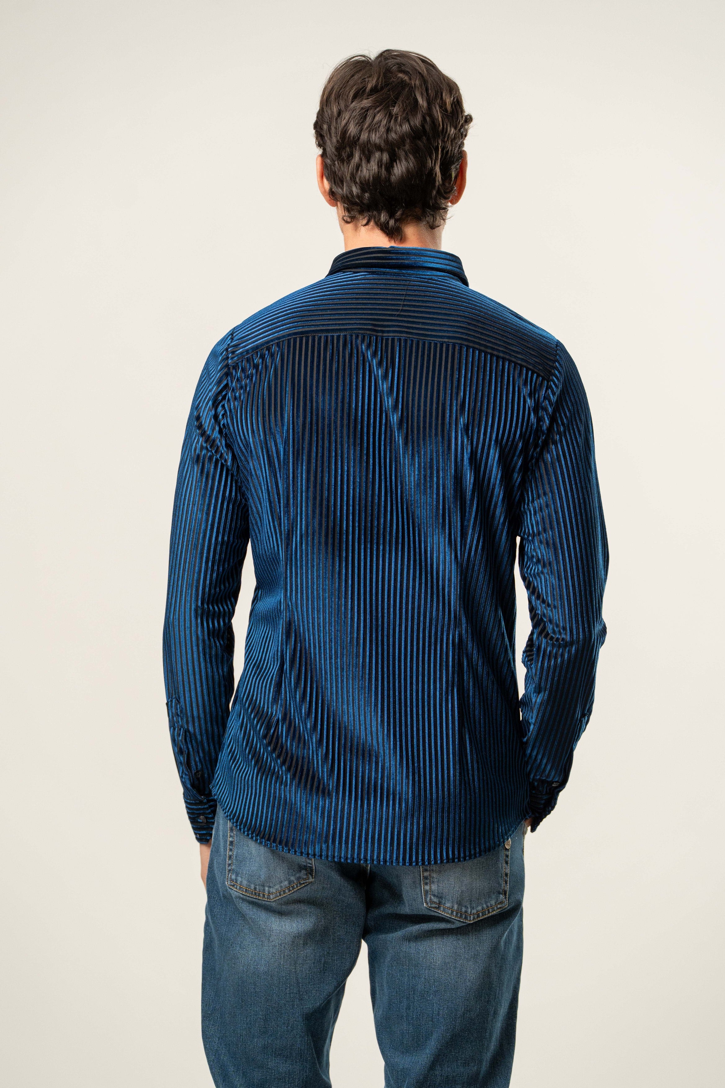 Camicia uomo in velluto a righe blu