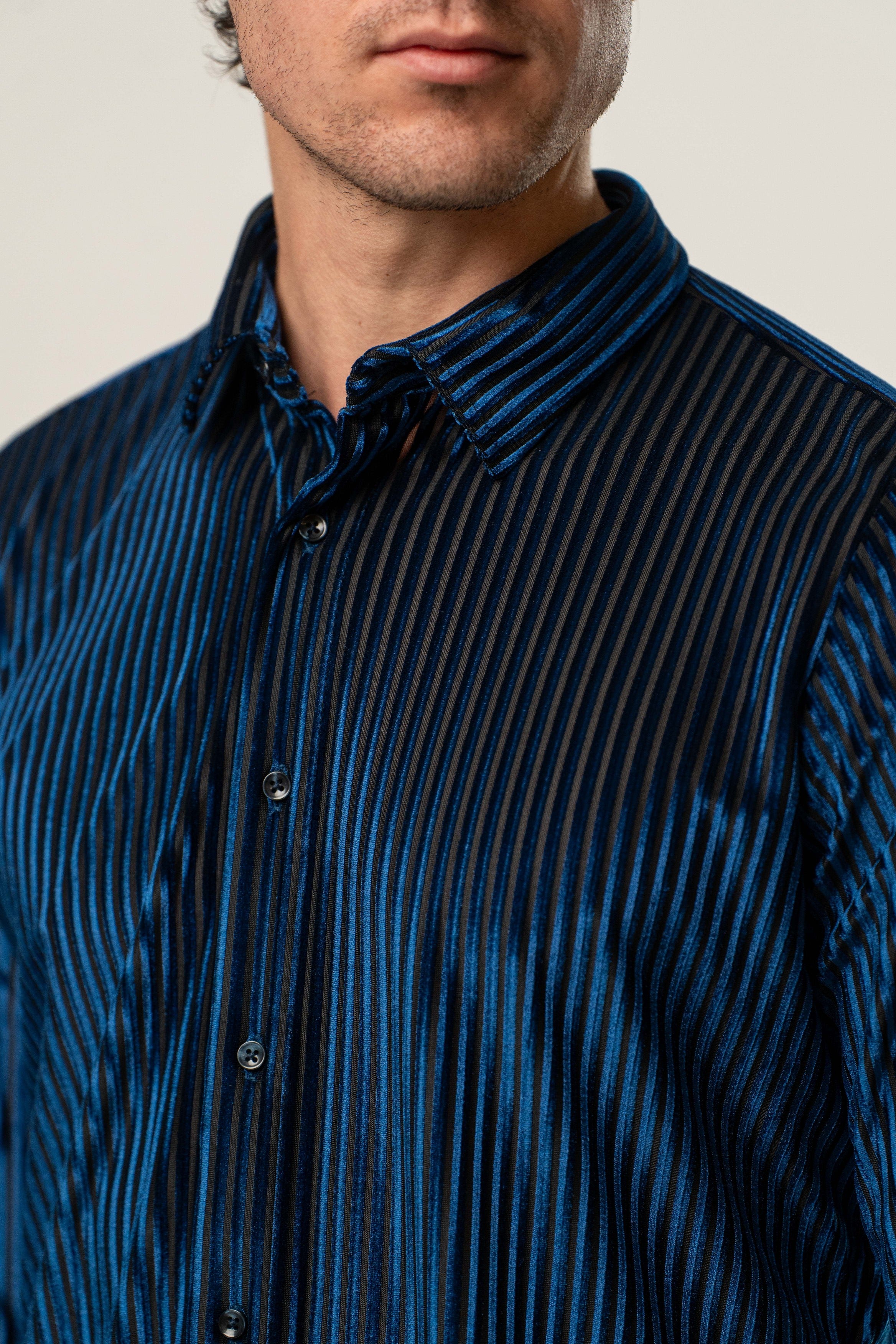Camicia uomo in velluto a righe blu
