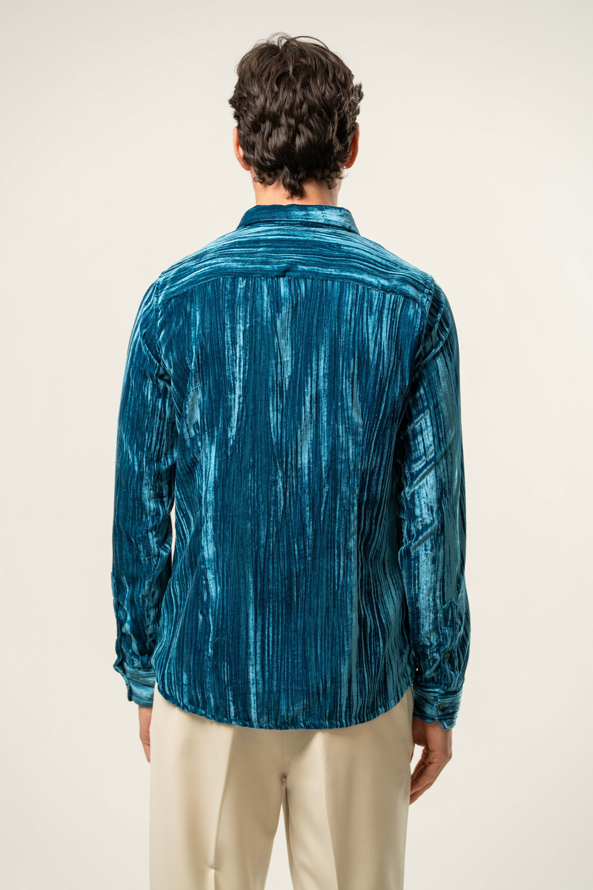 Camicia uomo in velluto azzurro petrolio