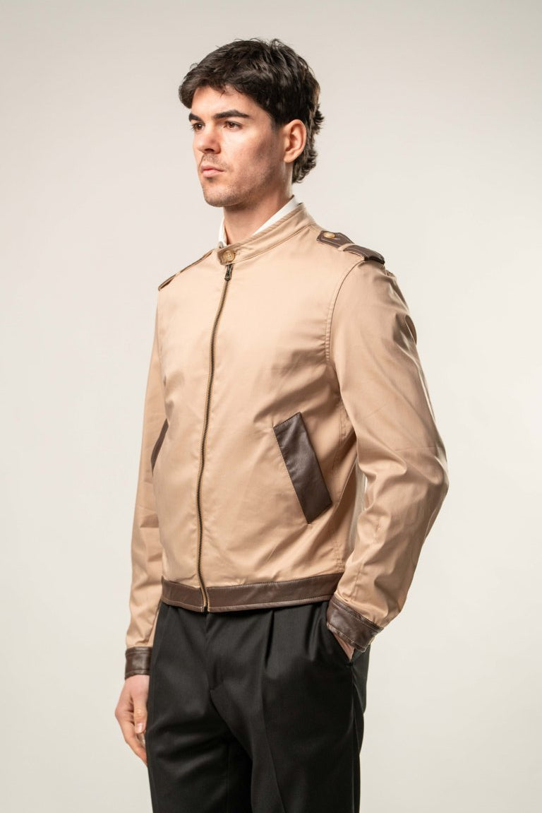 Giubbino cotone con inserti in ecopelle - BEIGE