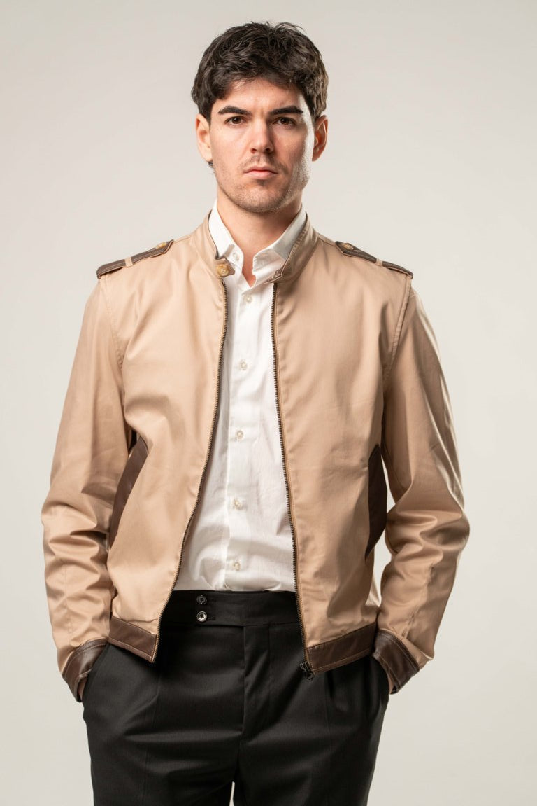 Giubbino cotone con inserti in ecopelle - BEIGE