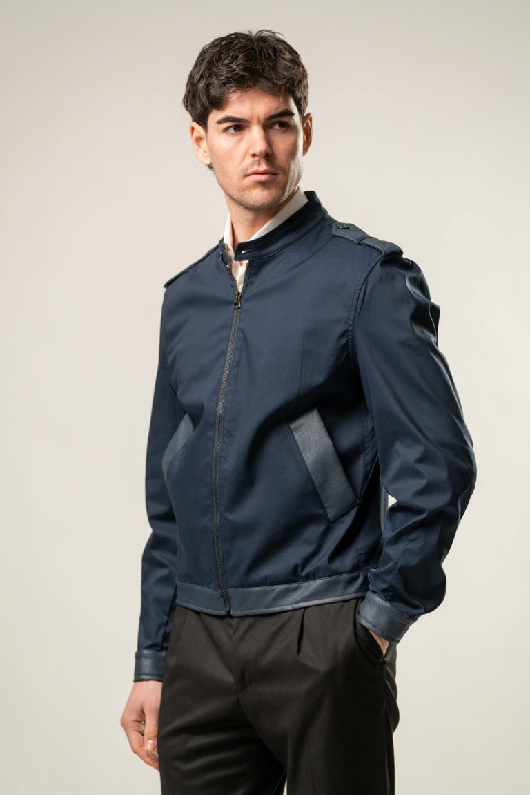 Giubbino cotone con inserti in ecopelle - BLU