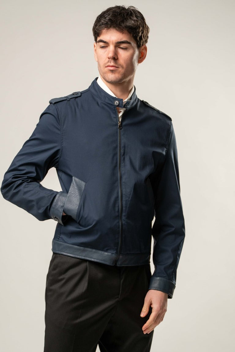 Giubbino cotone con inserti in ecopelle - BLU