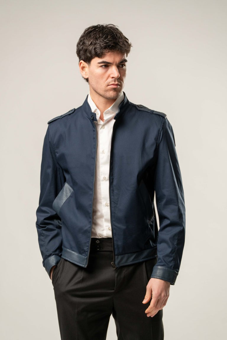 Giubbino cotone con inserti in ecopelle - BLU