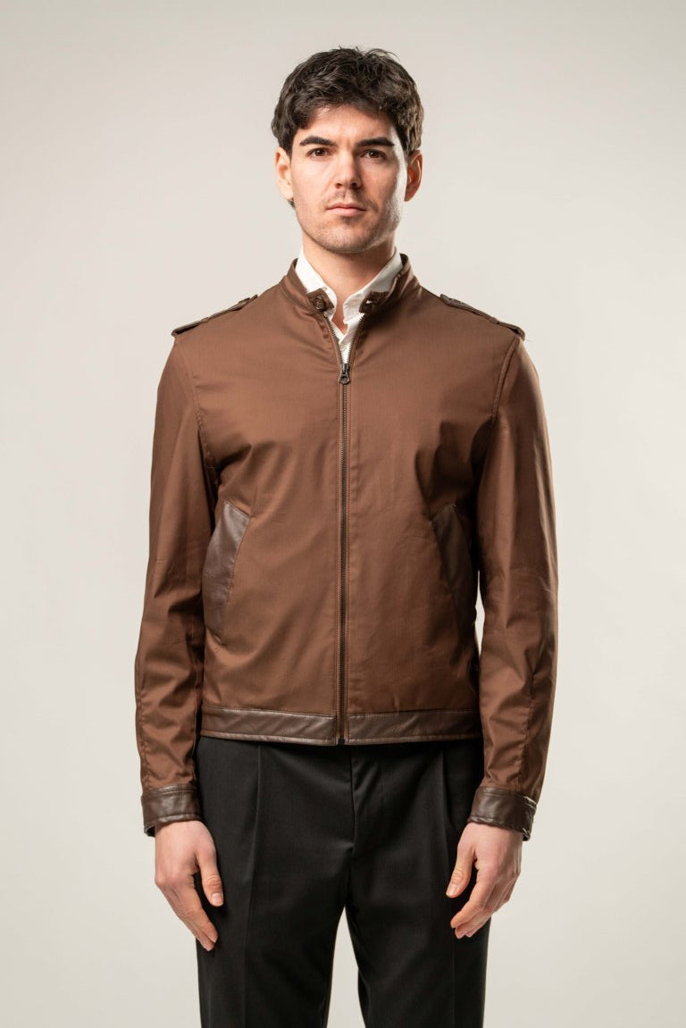 Giubbino cotone con inserti in ecopelle - MARRONE