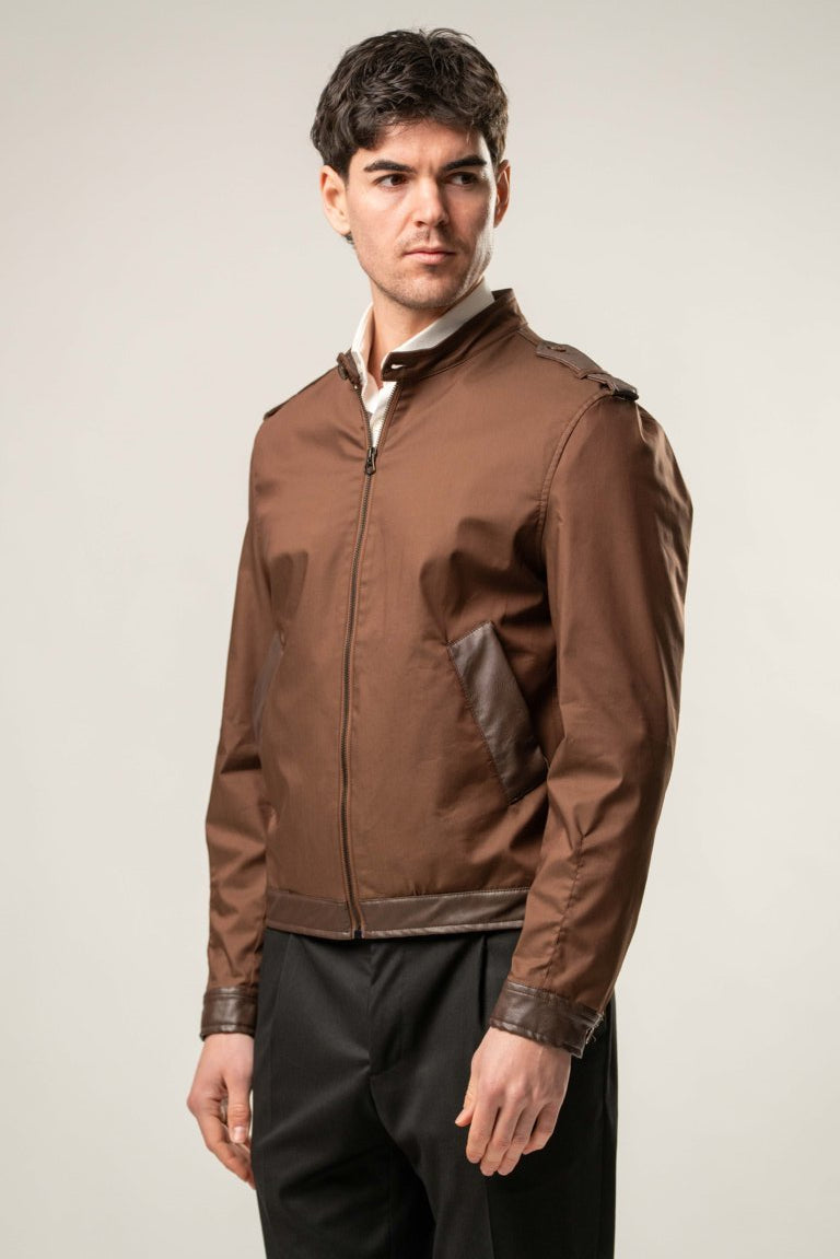 Giubbino cotone con inserti in ecopelle - MARRONE