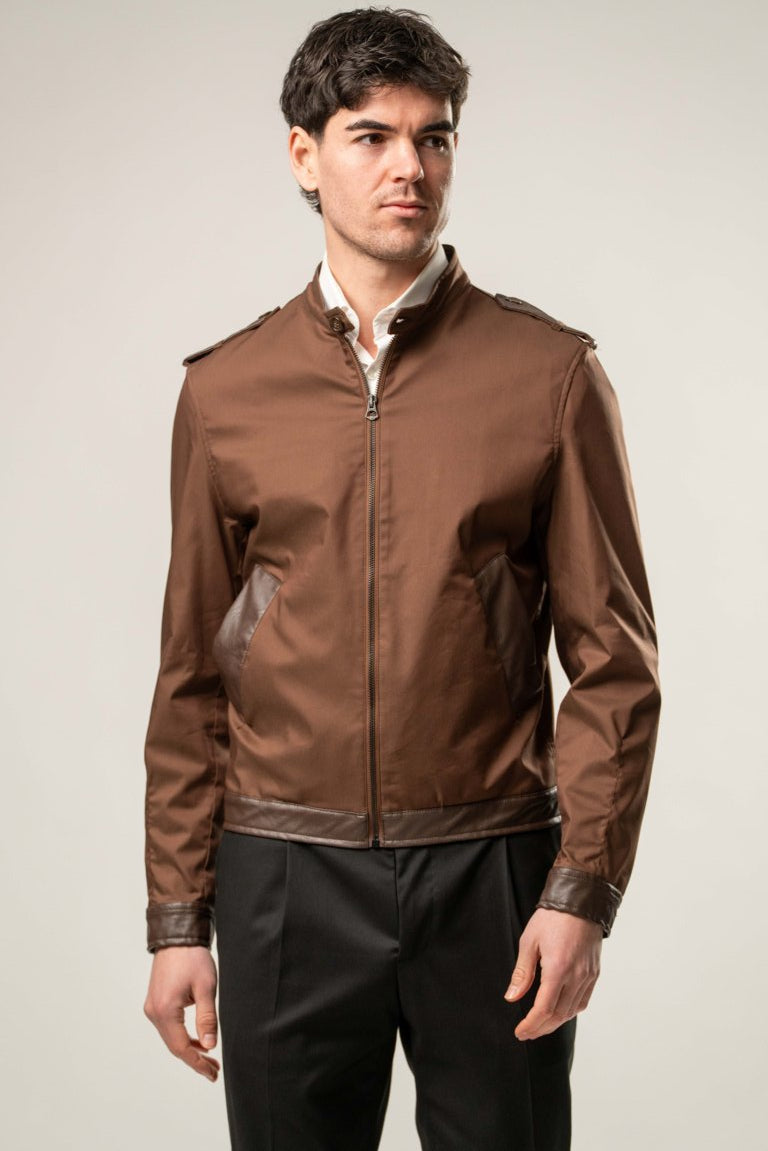 Giubbino cotone con inserti in ecopelle - MARRONE