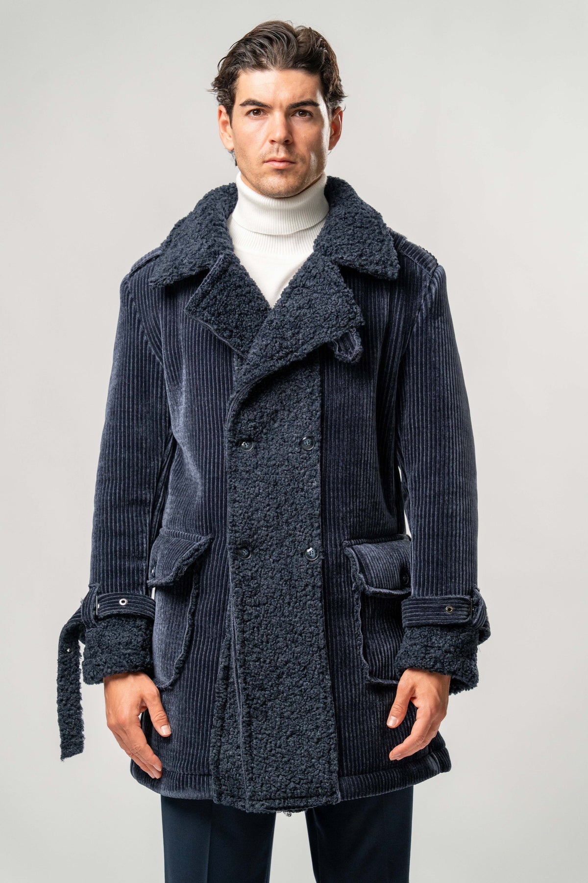 Cappotto Uomo Blu in Velluto con Interno Teddy