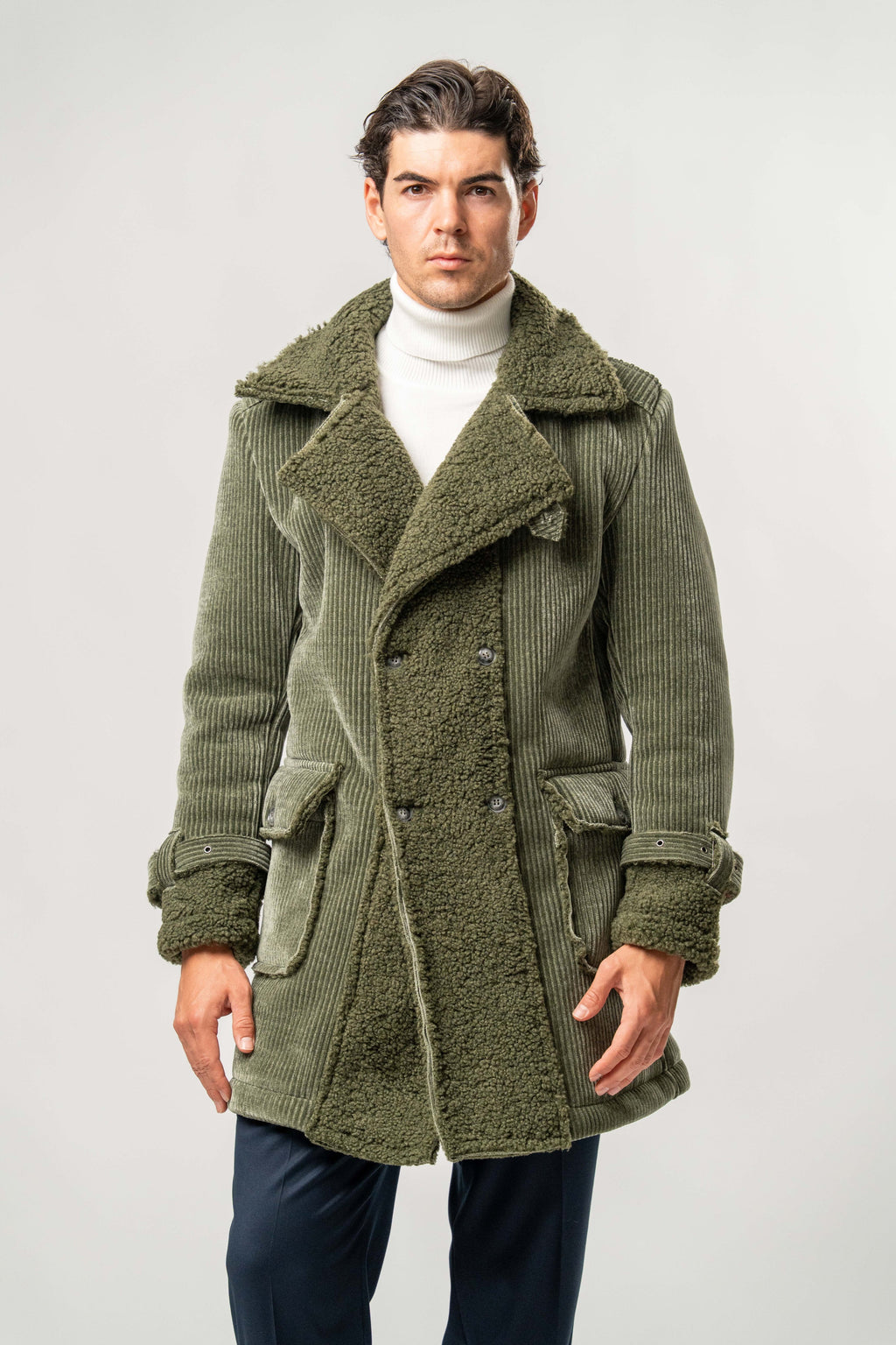 Cappotto Uomo Verde Militare in Velluto con Interno Teddy