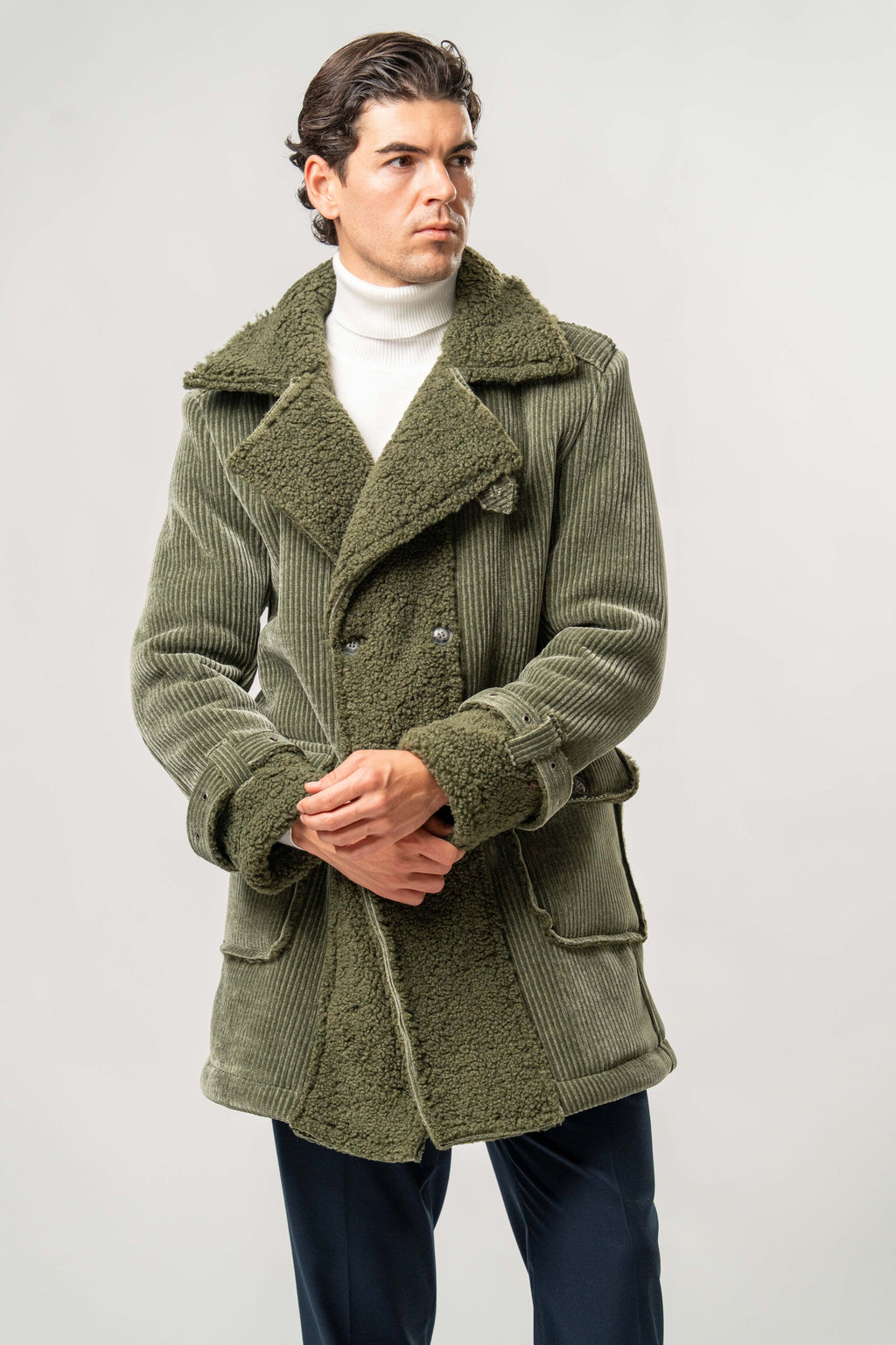 Cappotto Uomo Verde Militare in Velluto con Interno Teddy