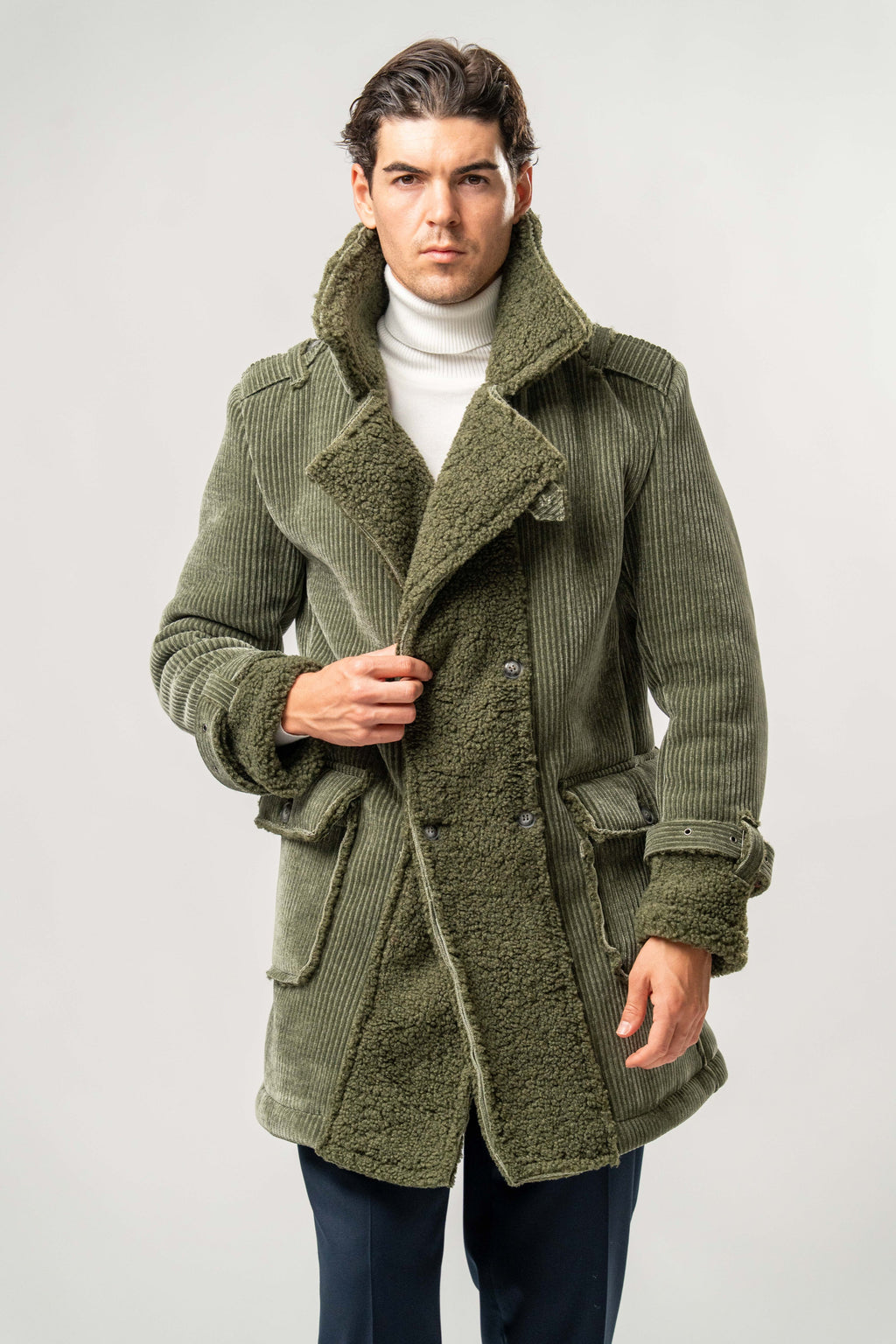 Cappotto Uomo Verde Militare in Velluto con Interno Teddy