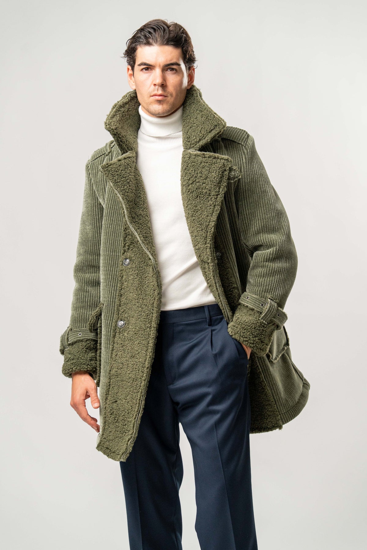 Cappotto Uomo Verde Militare in Velluto con Interno Teddy