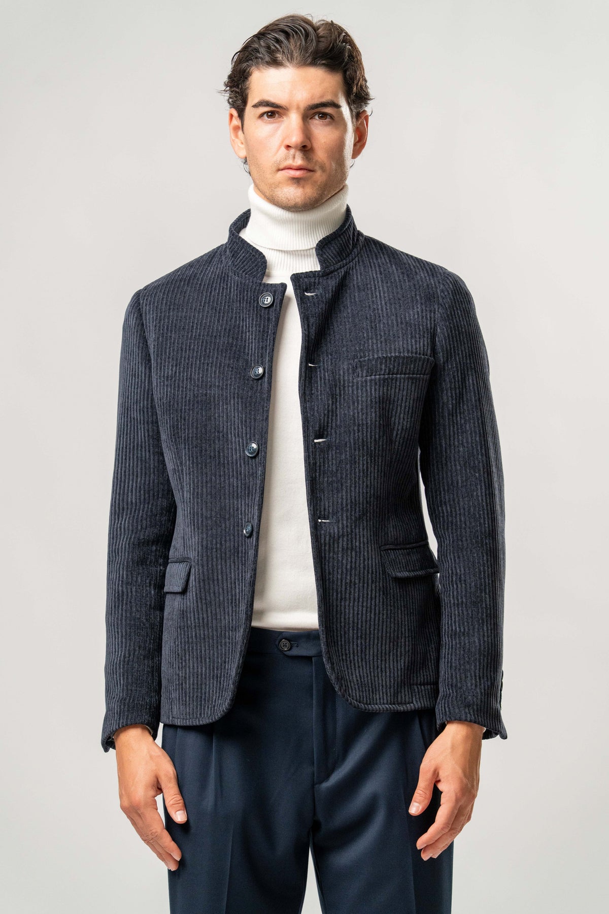 Giacca Coreana Uomo Blu in Velluto a Coste