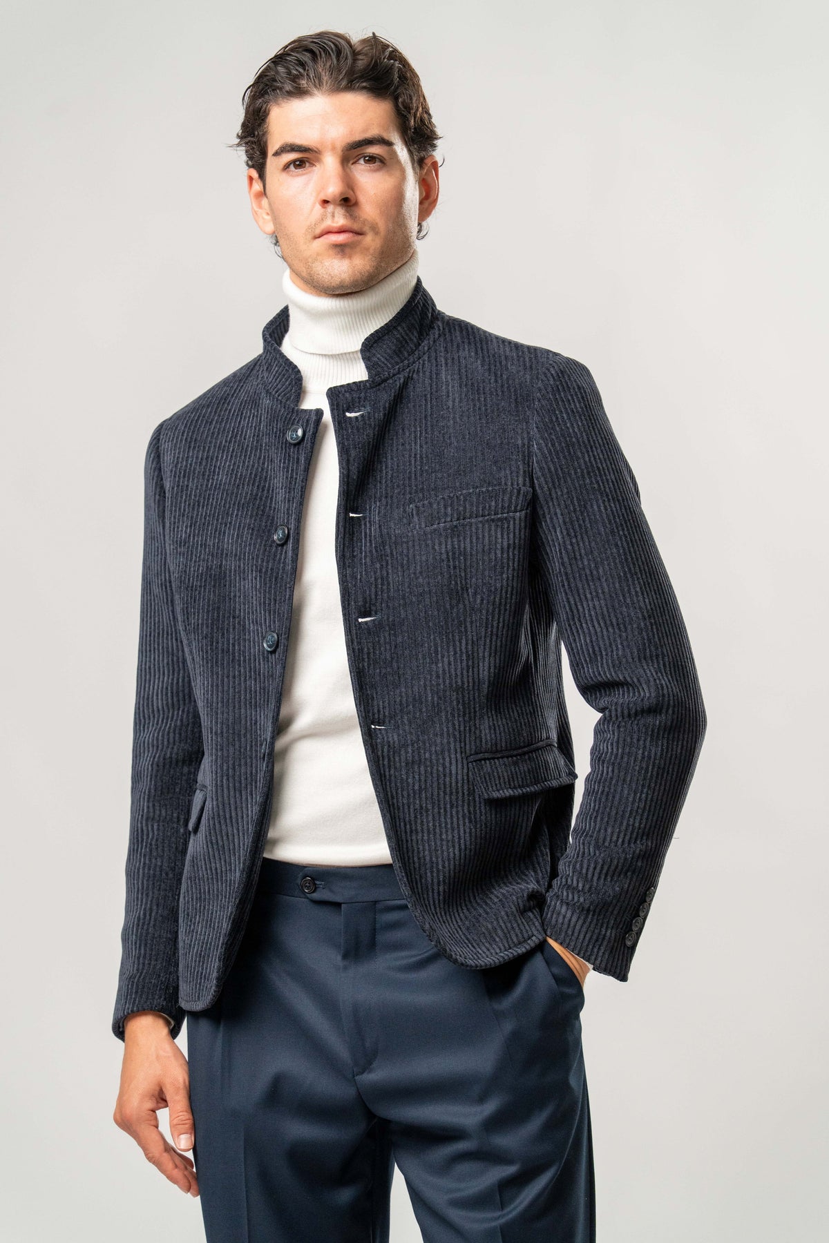 Giacca Coreana Uomo Blu in Velluto a Coste