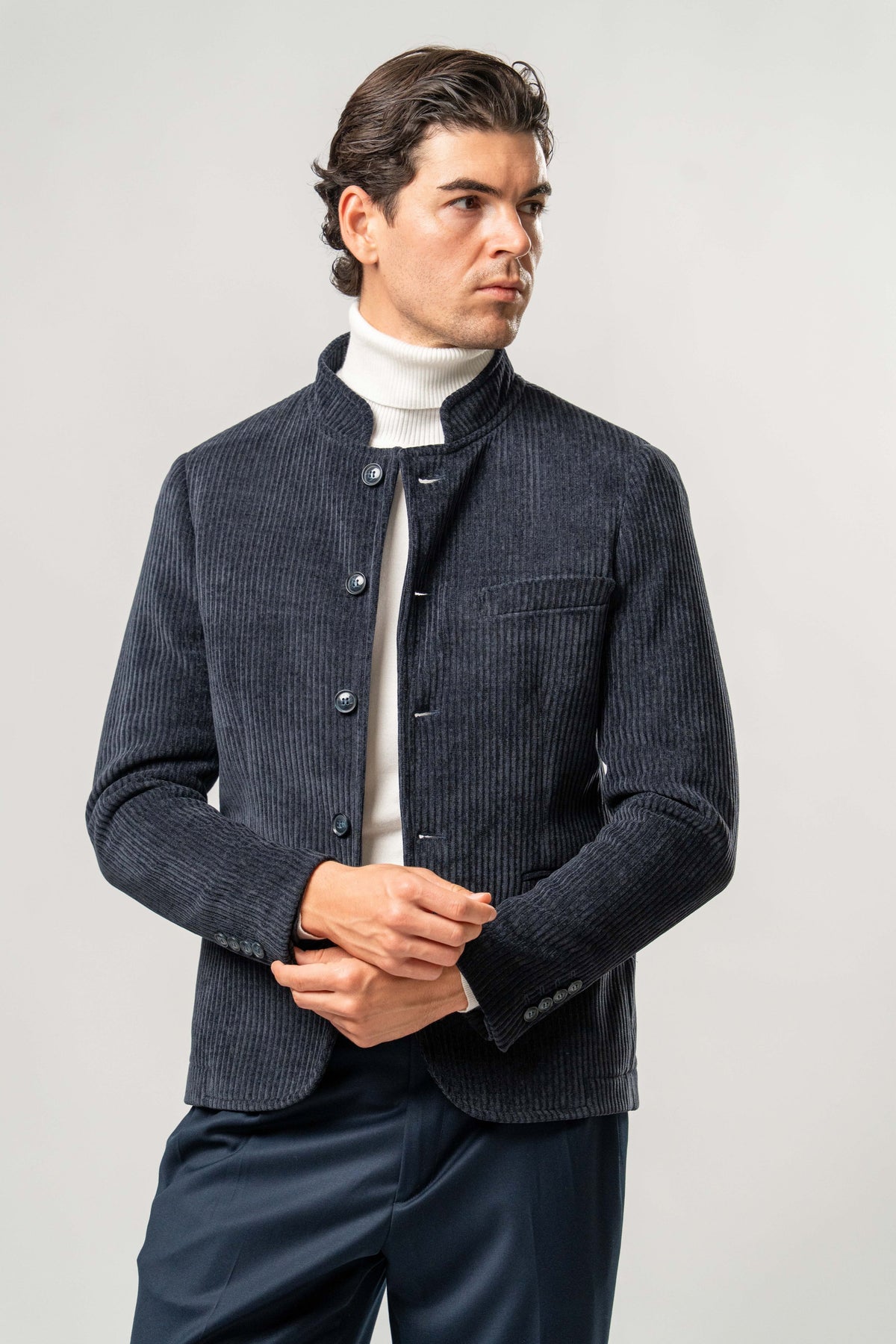 Giacca Coreana Uomo Blu in Velluto a Coste