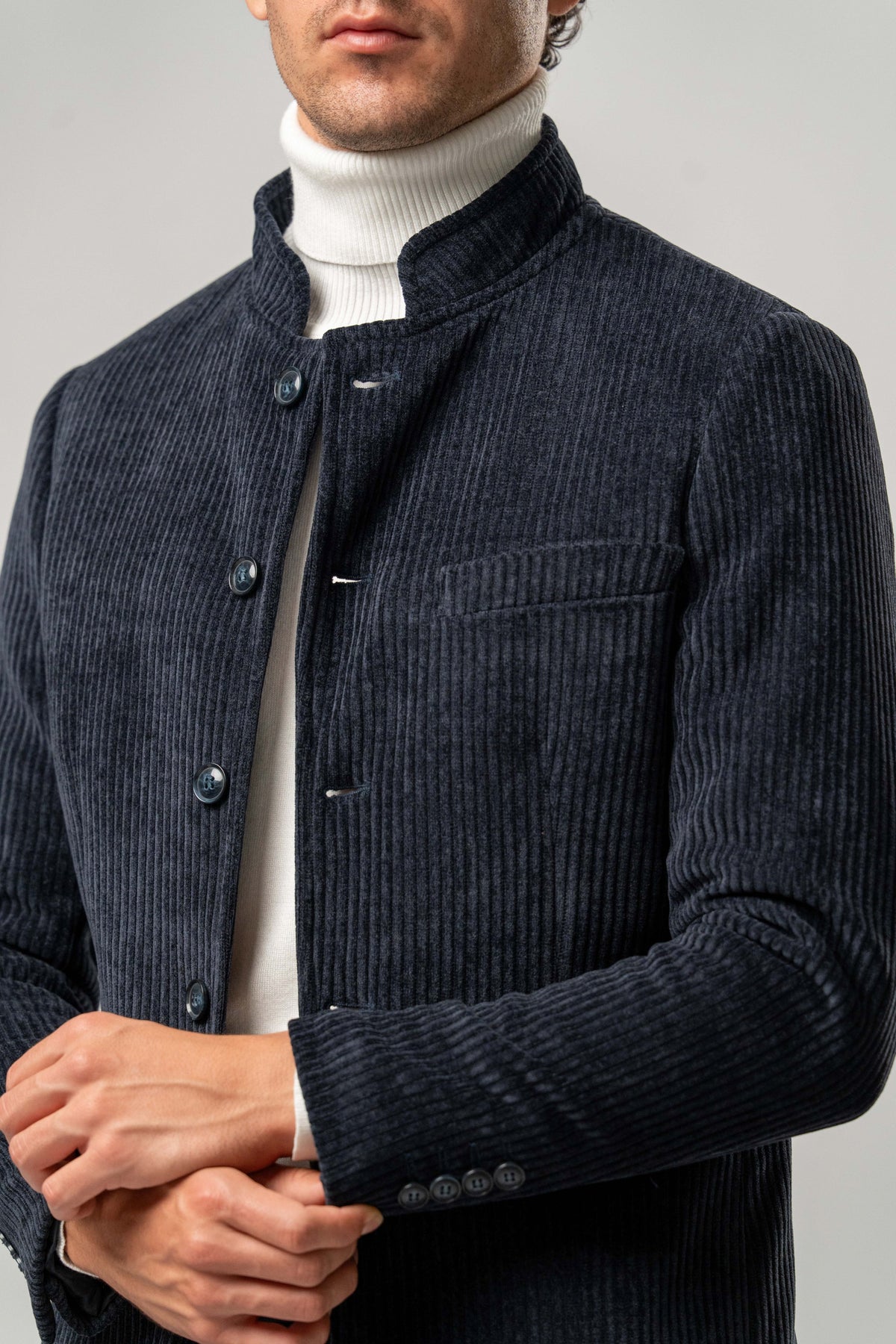 Giacca Coreana Uomo Blu in Velluto a Coste