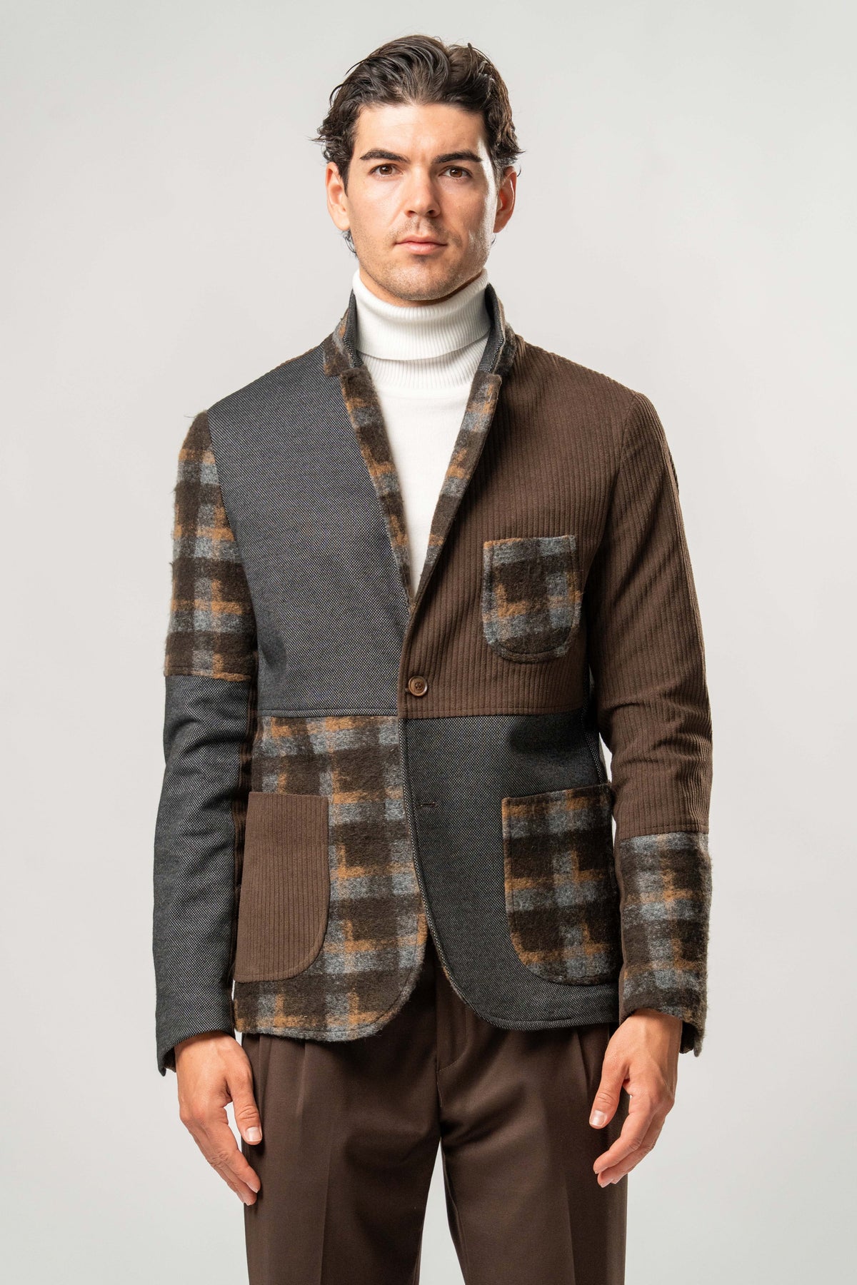 Giacca Uomo Patchwork Marrone e Grigio a Quadri