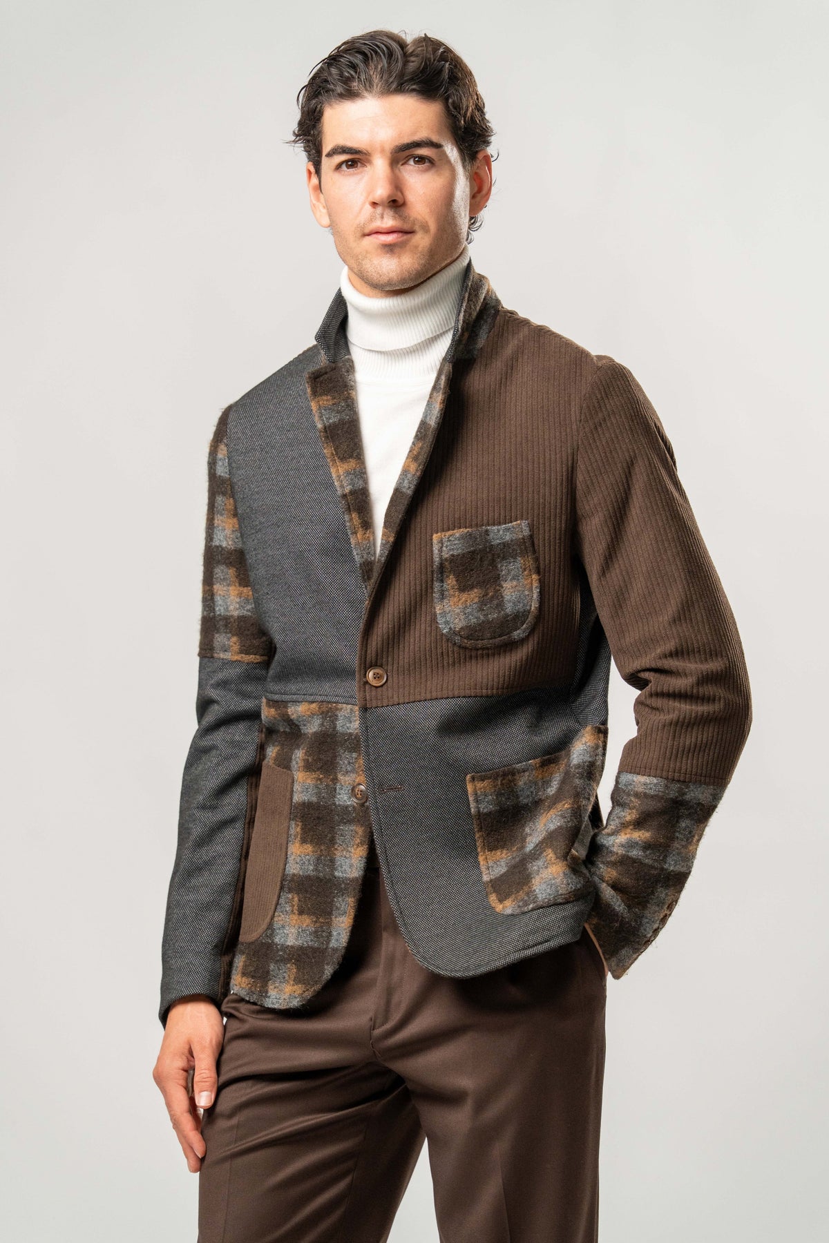 Giacca Uomo Patchwork Marrone e Grigio a Quadri