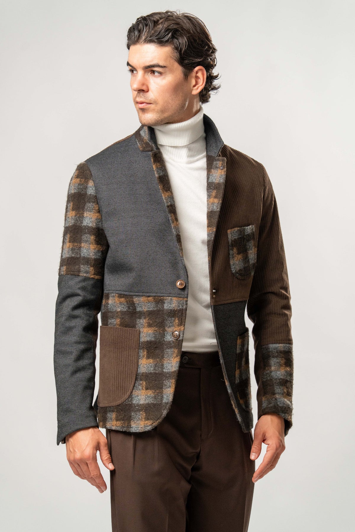 Giacca Uomo Patchwork Marrone e Grigio a Quadri