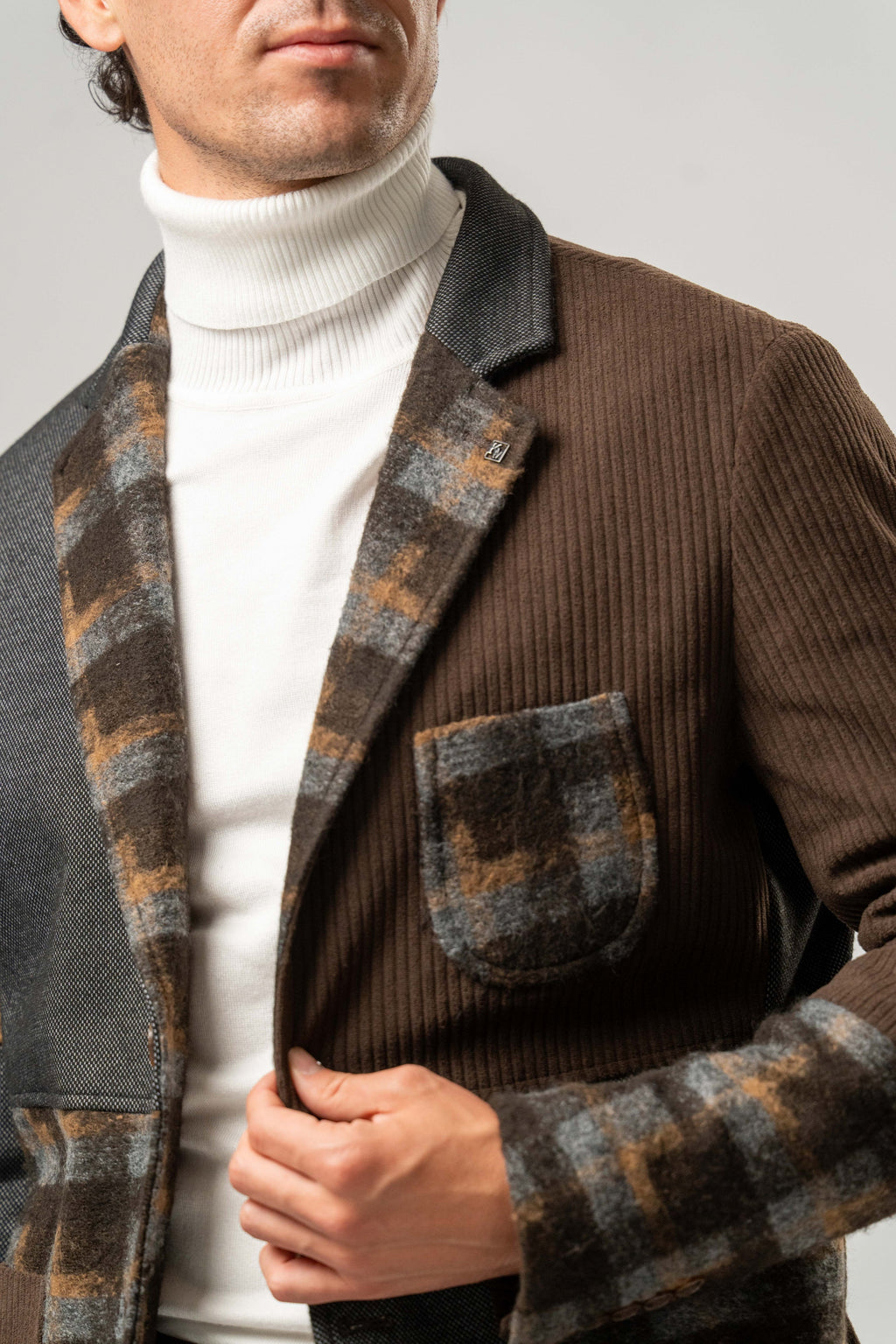 Giacca Uomo Patchwork Marrone e Grigio a Quadri