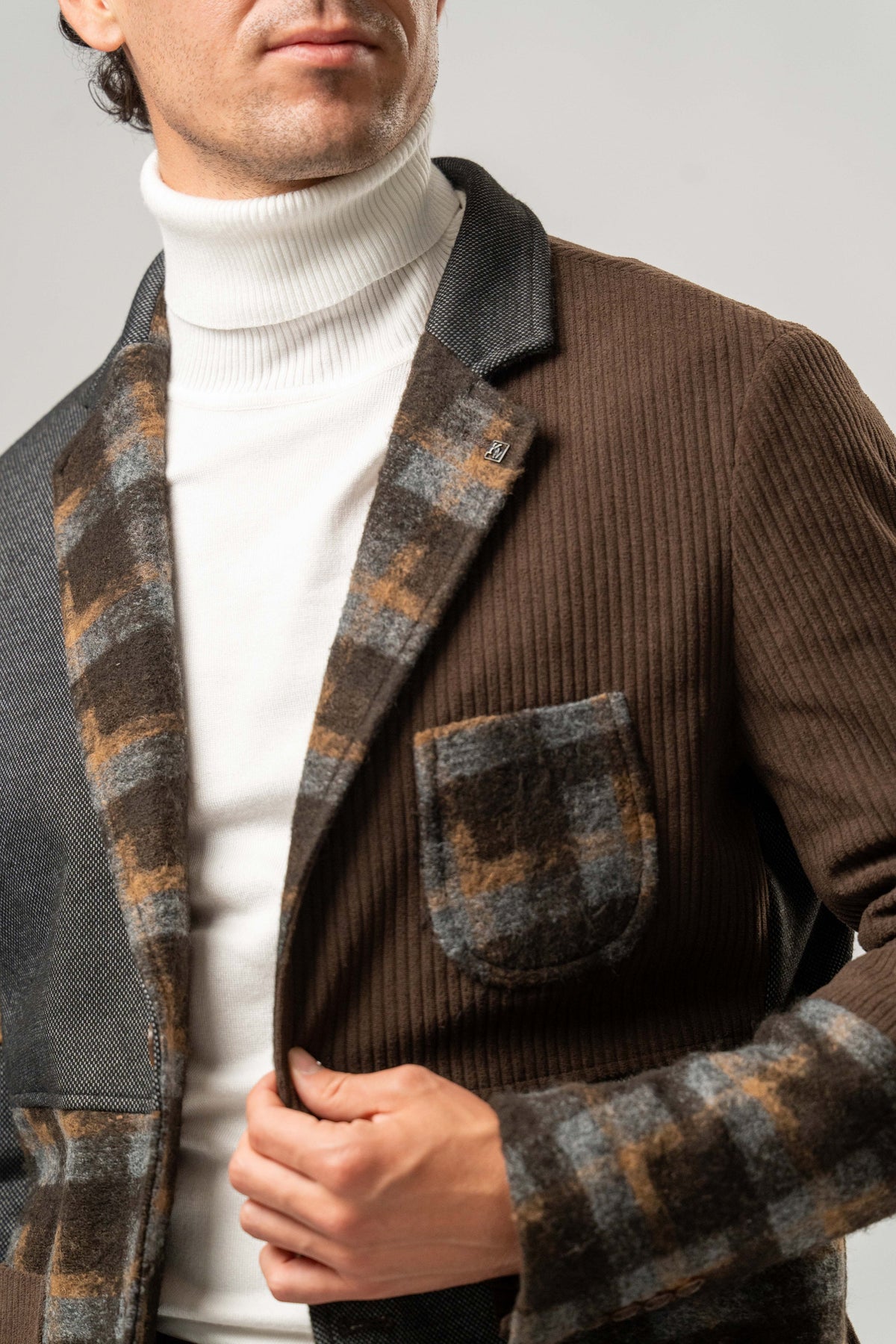 Giacca Uomo Patchwork Marrone e Grigio a Quadri