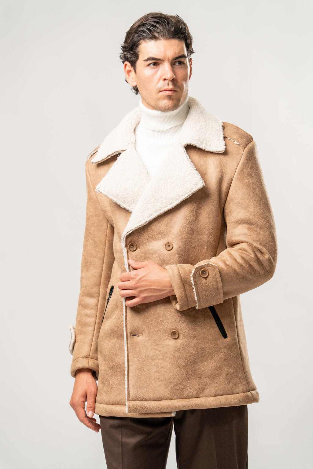 Giaccone Uomo Ecomontone Cammello con Interno Teddy Bianco
