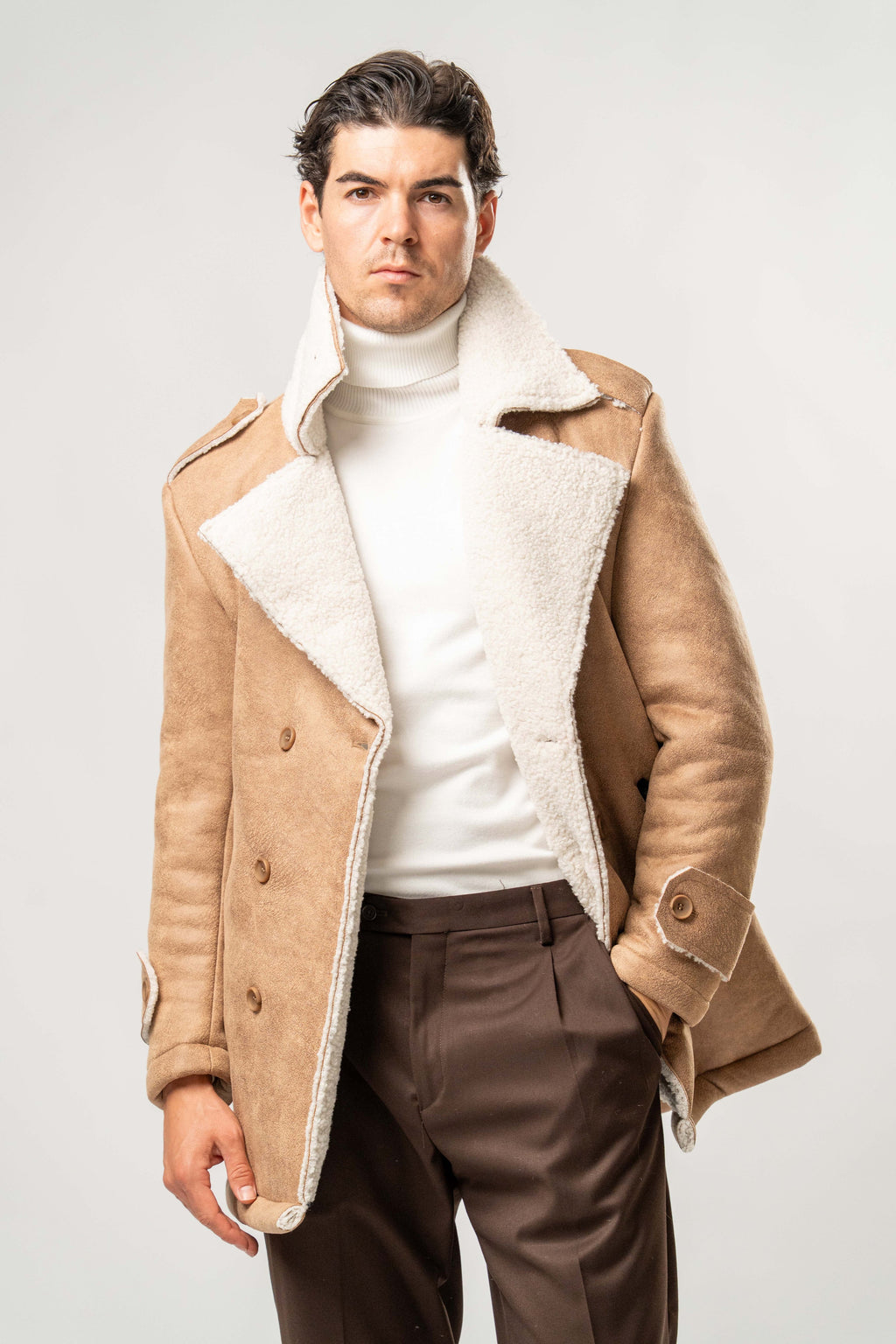 Giaccone Uomo Ecomontone Cammello con Interno Teddy Bianco