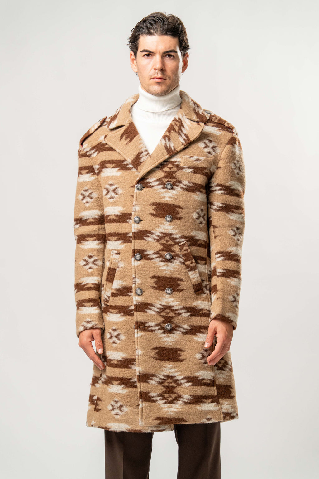 Cappotto Uomo in Lana Cotta Cammello con Fantasia Geometrica