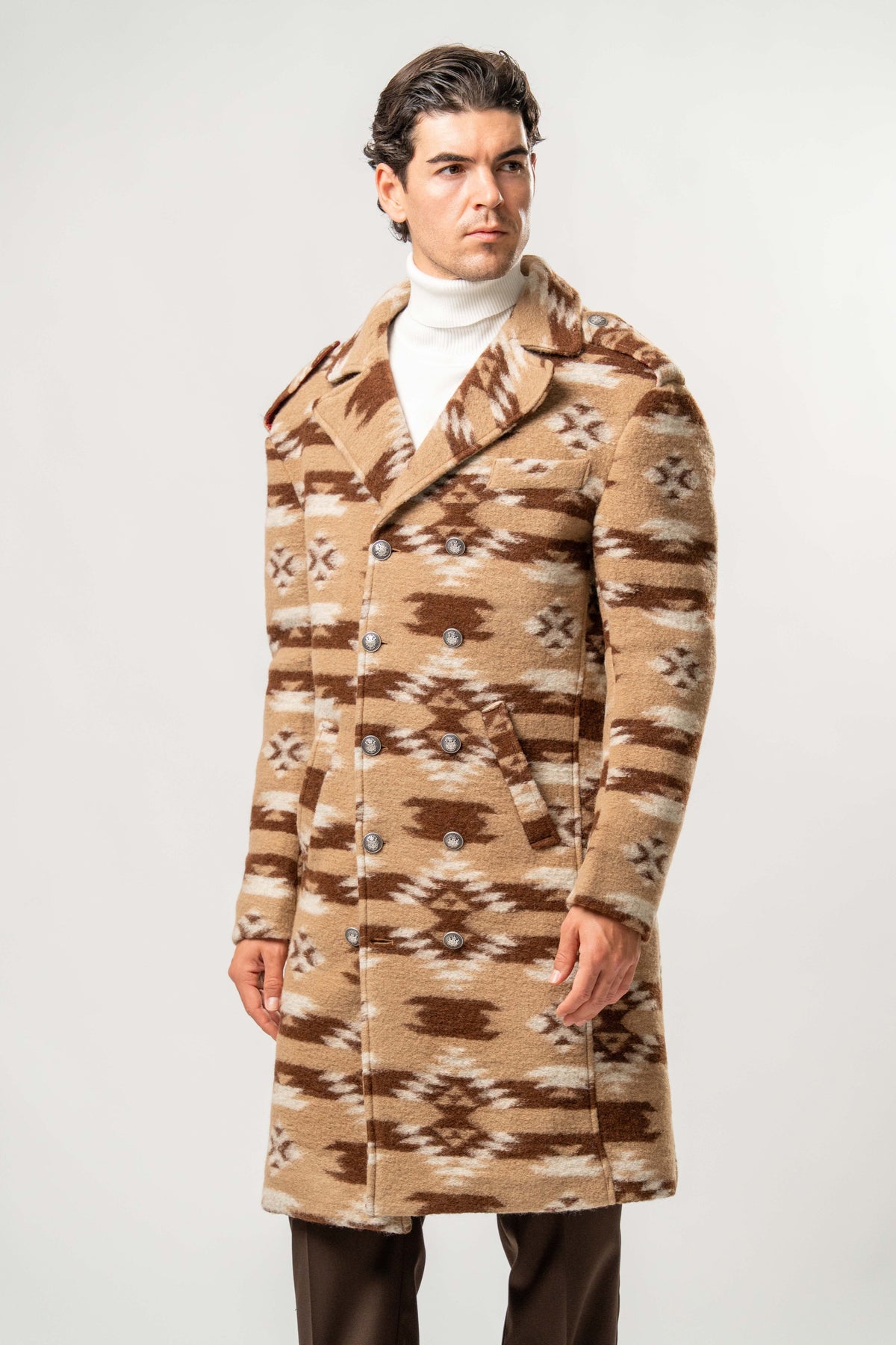 Cappotto Uomo in Lana Cotta Cammello con Fantasia Geometrica