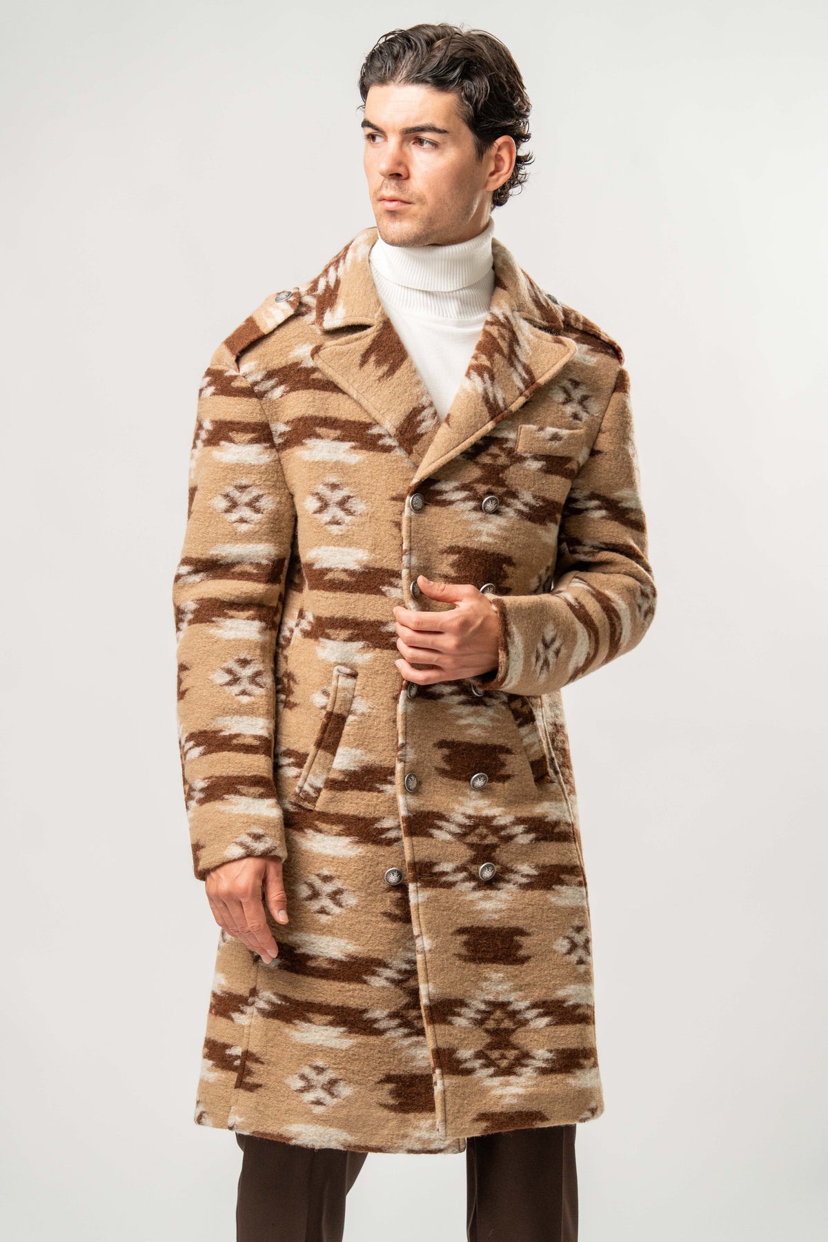 Cappotto Uomo in Lana Cotta Cammello con Fantasia Geometrica