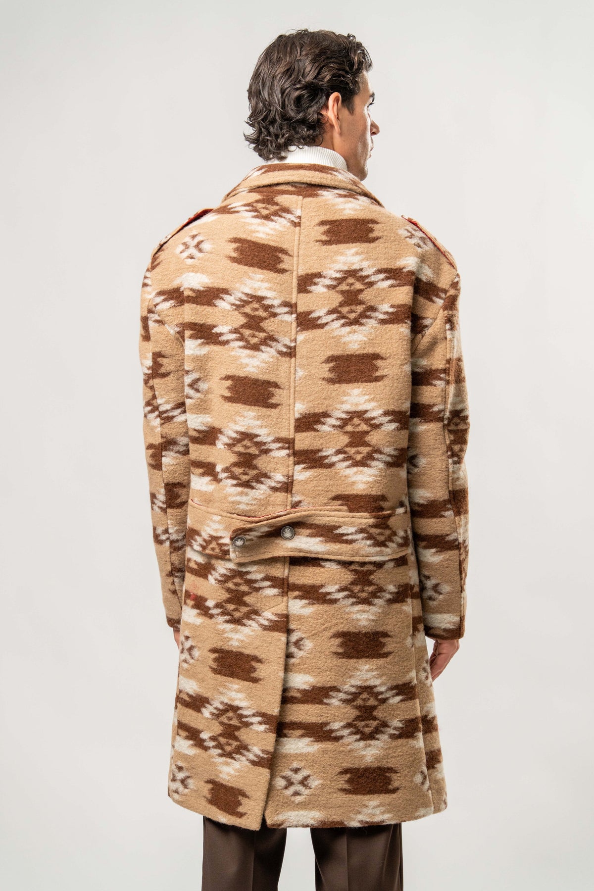 Cappotto Uomo in Lana Cotta Cammello con Fantasia Geometrica