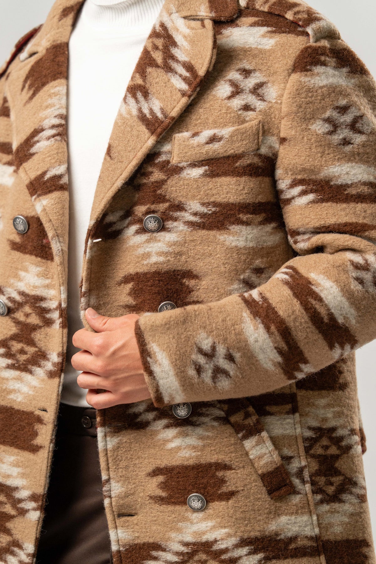 Cappotto Uomo in Lana Cotta Cammello con Fantasia Geometrica